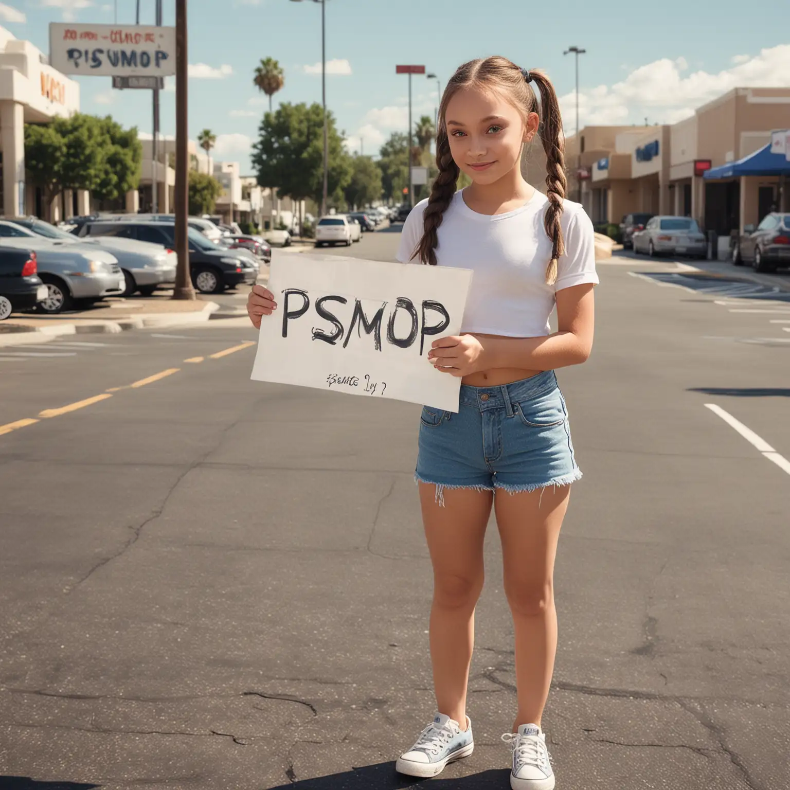 Photorealistic, young maddie ziegler, pigtails, hot summer day, denim shorts, on a parking lot, holding a sign that reads "Pismop"