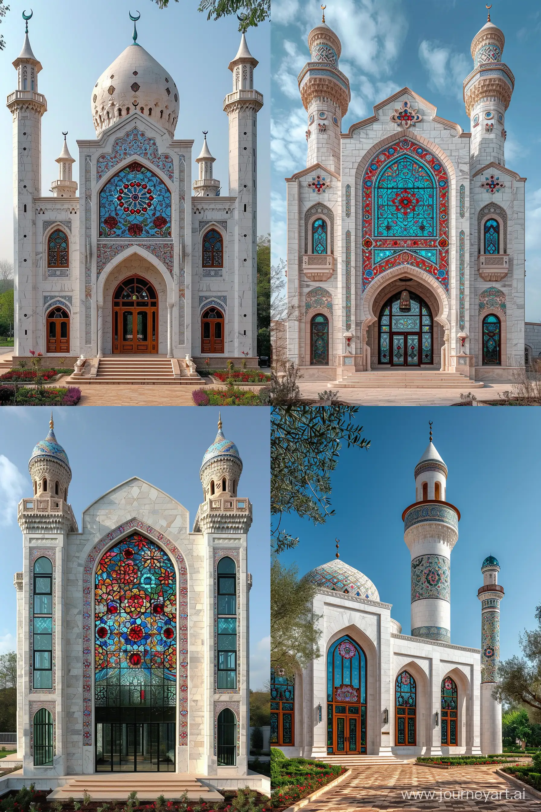 an Uzbekistan style mosque, White marbled exterior, tall iwan, stained glass windows, red blue persian floral motifs on spandrels, red blue gems and rubies embedded on arabesque ornaments, thin spires, full view, front view --c 33 --s 999 --ar 10:15