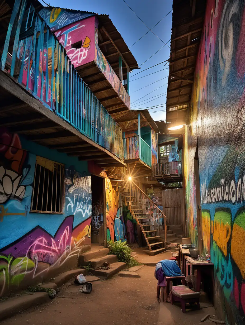 (cinematic lighting), Nestled within the vibrant landscapes of Brazil, a squatter house slum unfolds as a tapestry of resilience and community amidst challenging circumstances. Colorful and makeshift dwellings, constructed from salvaged materials, form a labyrinthine network of narrow pathways. The air is filled with the sounds of lively chatter and the rhythm of everyday life, despite the challenging living condition, Murals and graffiti tell stories of creativity and resistance, transforming the weathered walls into canvases of expression. In the midst of limited resources, the spirit of resourcefulness and camaraderie prevails, The atmosphere is one of contrast the juxtaposition of hardship and a sense of community, picture at dusk, intricate details, hyper realistic photography,--v 5, unreal engine,