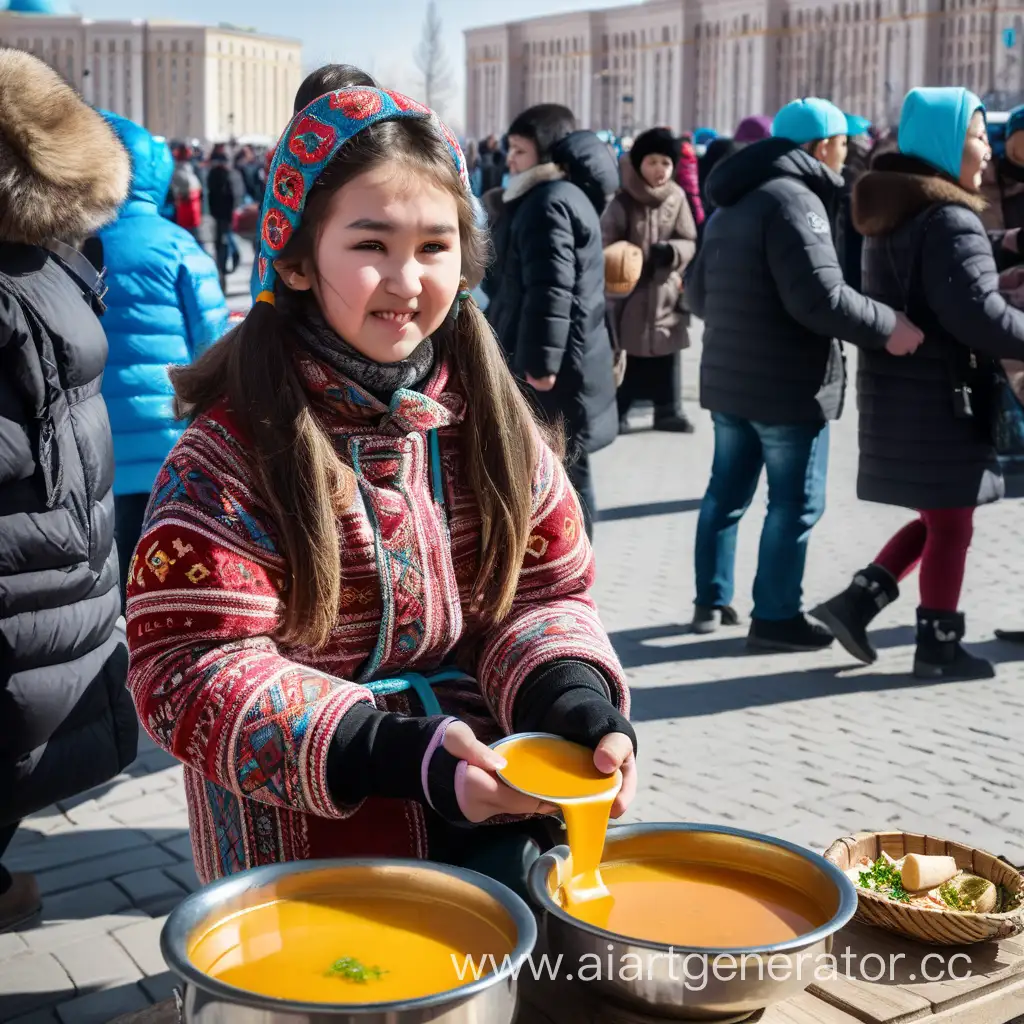 Девушка казашка угощает людей на площади супом, баурсаками, кумысом. Казахстан. Праздник весны