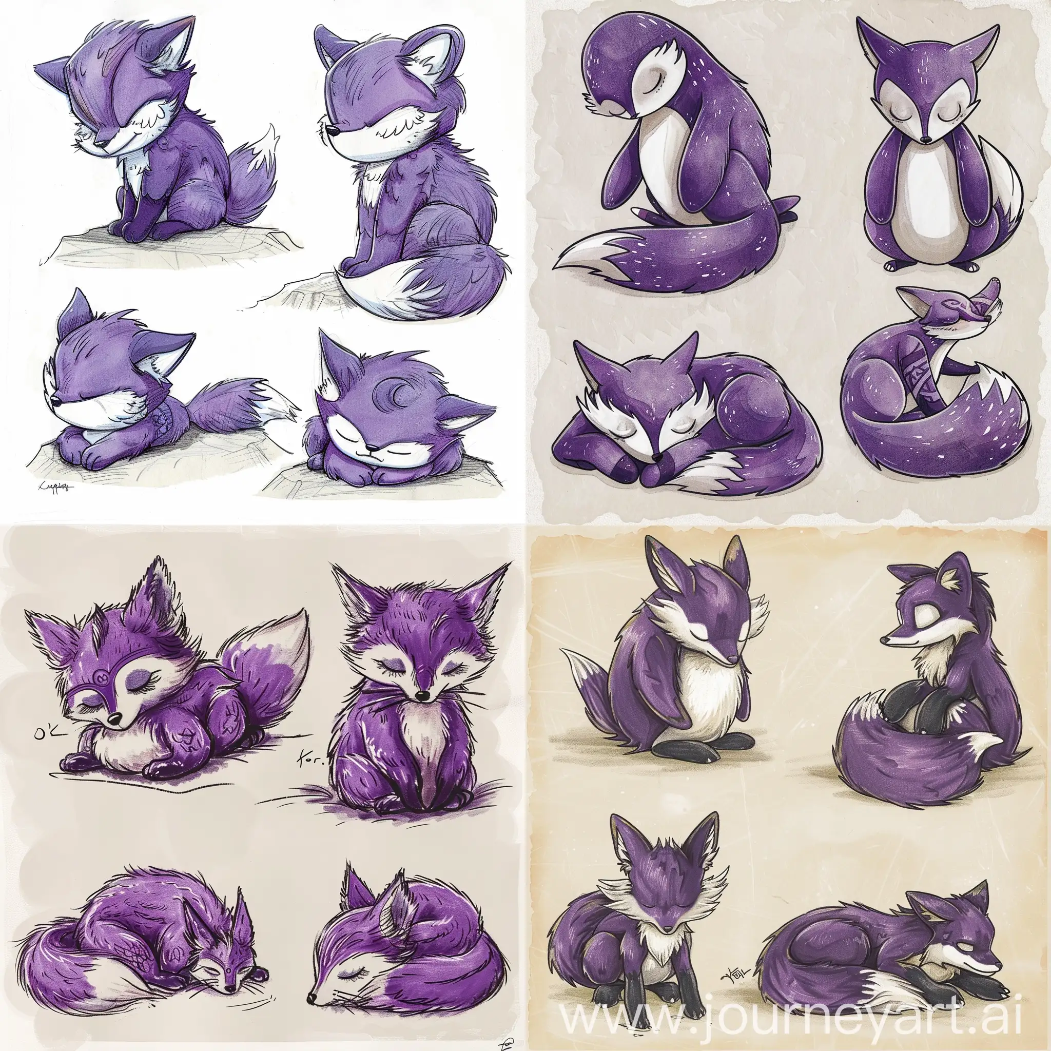 drawing of one purple penguin fox, one sleepy purple fox, and one purple druidic fox