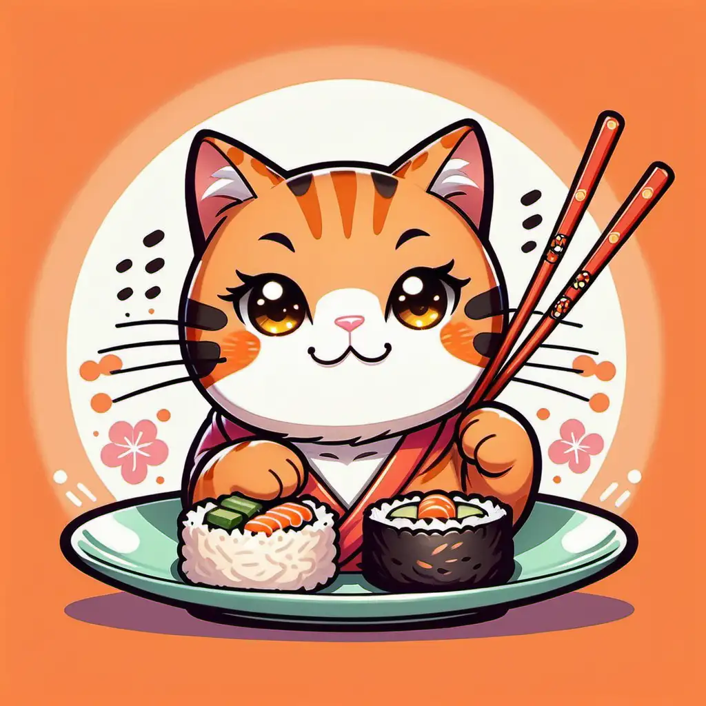 Generate an image of an adorable orange cartoon feline enjoying sushi using chopsticks. This should be realized in a style akin to a charming, energetic children's book illustration, with such features as vibrant colors and bold outlines. The cat should have a playful facial expression. The artwork should appear as if it has been executed digitally, with soft brush strokes to add a whimsical touch, illustration, kawaii style