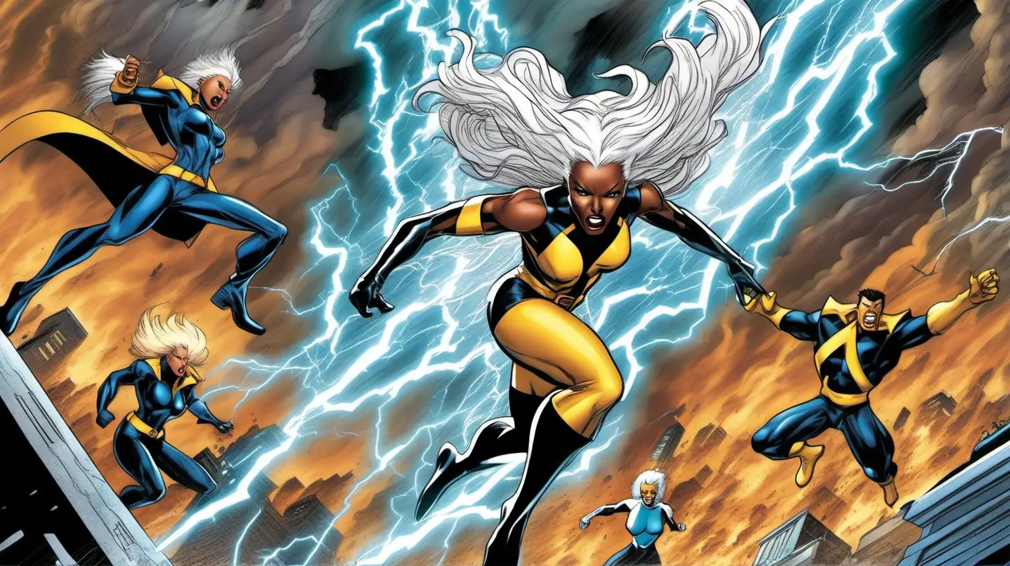 an animated action scene, storm from the x-men, flying, hurling tornados at her arch-villian adversary. arriel view, lightning