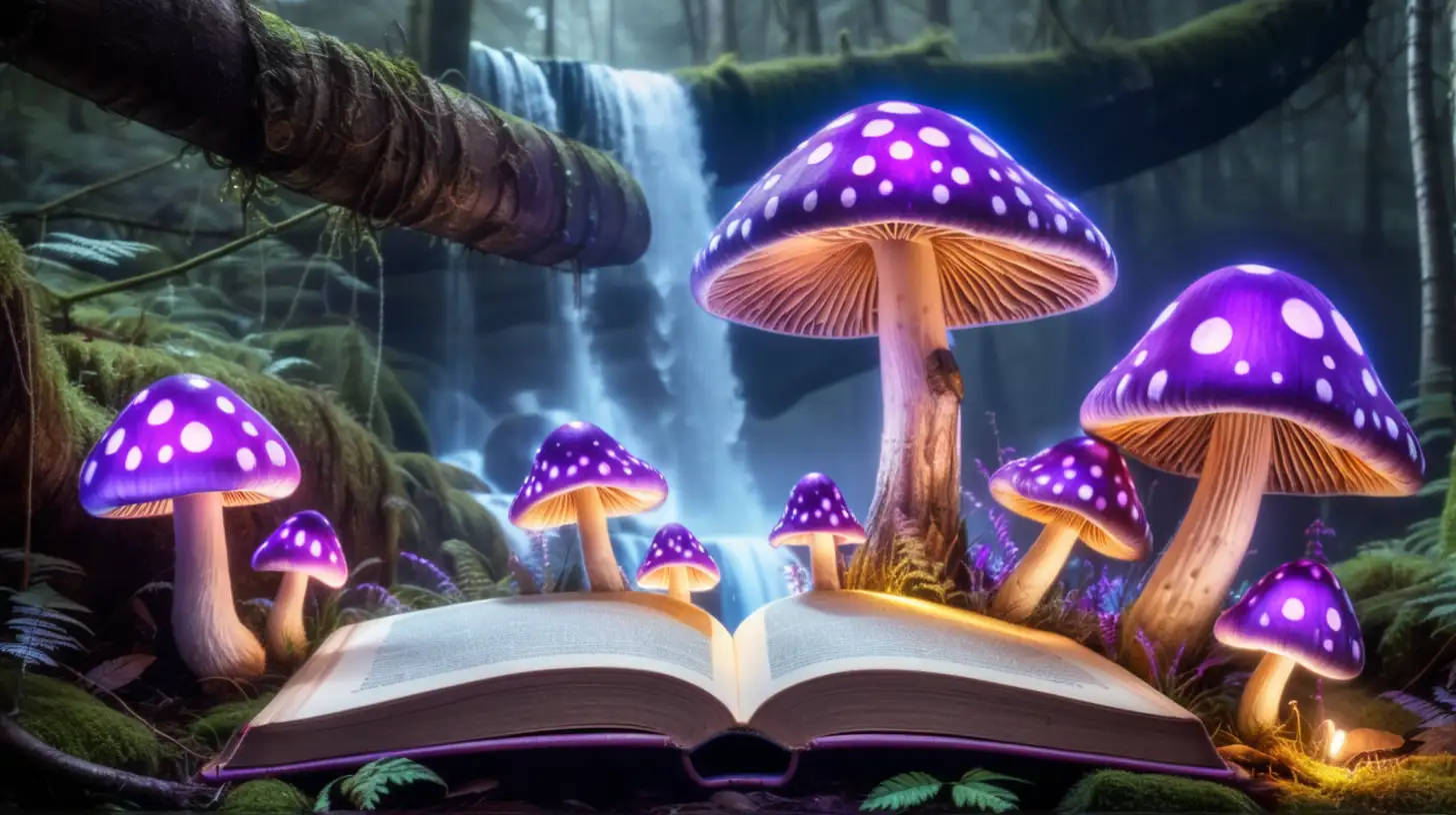 glowing mushrooms, with purple spots, mushrooms growing out of magical book in a forest with waterfall
