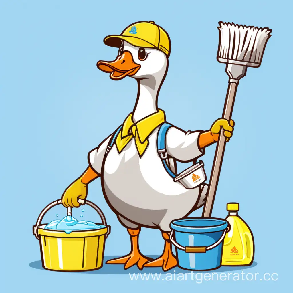 Cartoon-Goose-Cleaner-with-Yellow-Cap-and-Mop