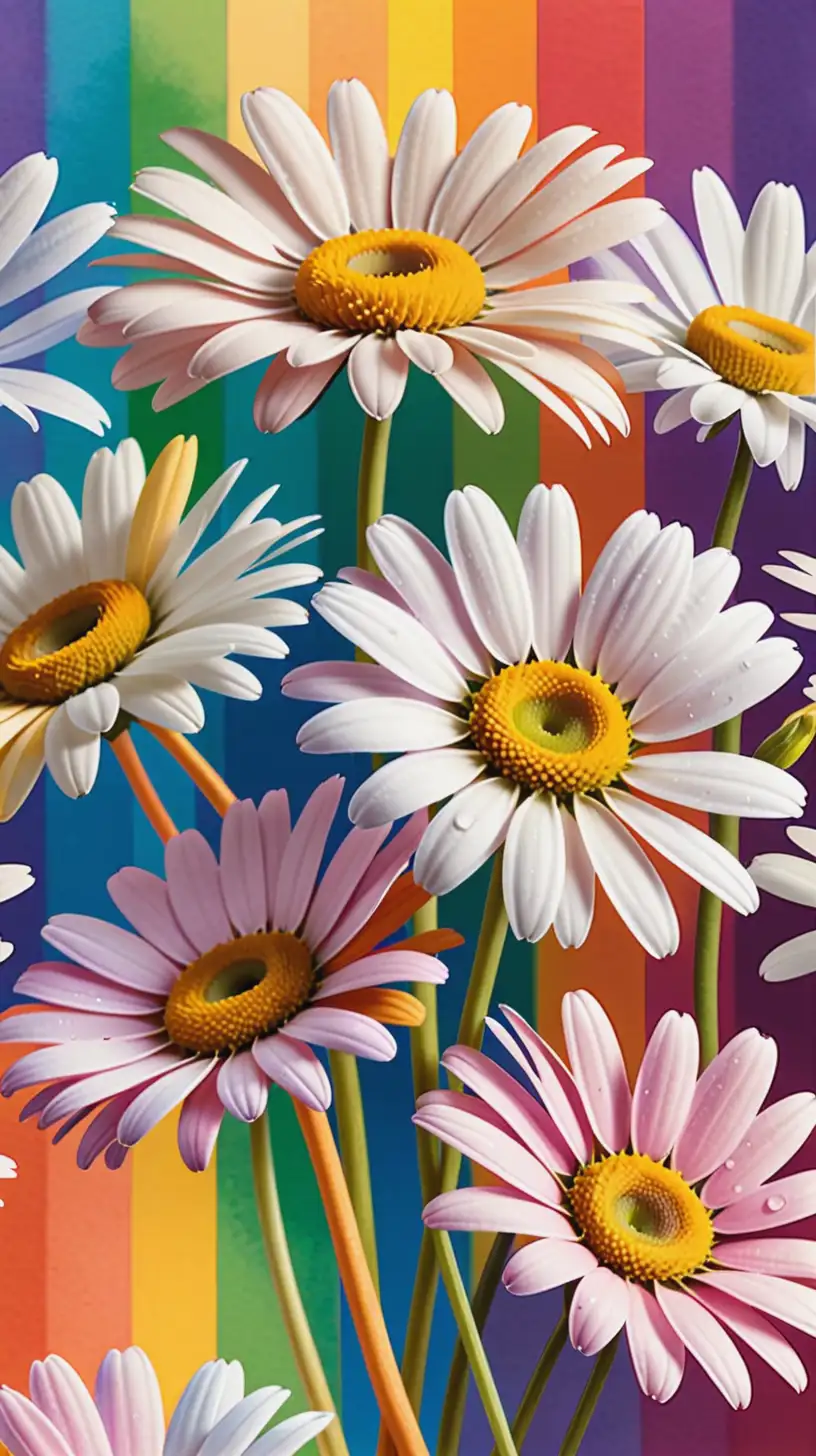 Vibrant Watercolor Daisies on Rainbow Background