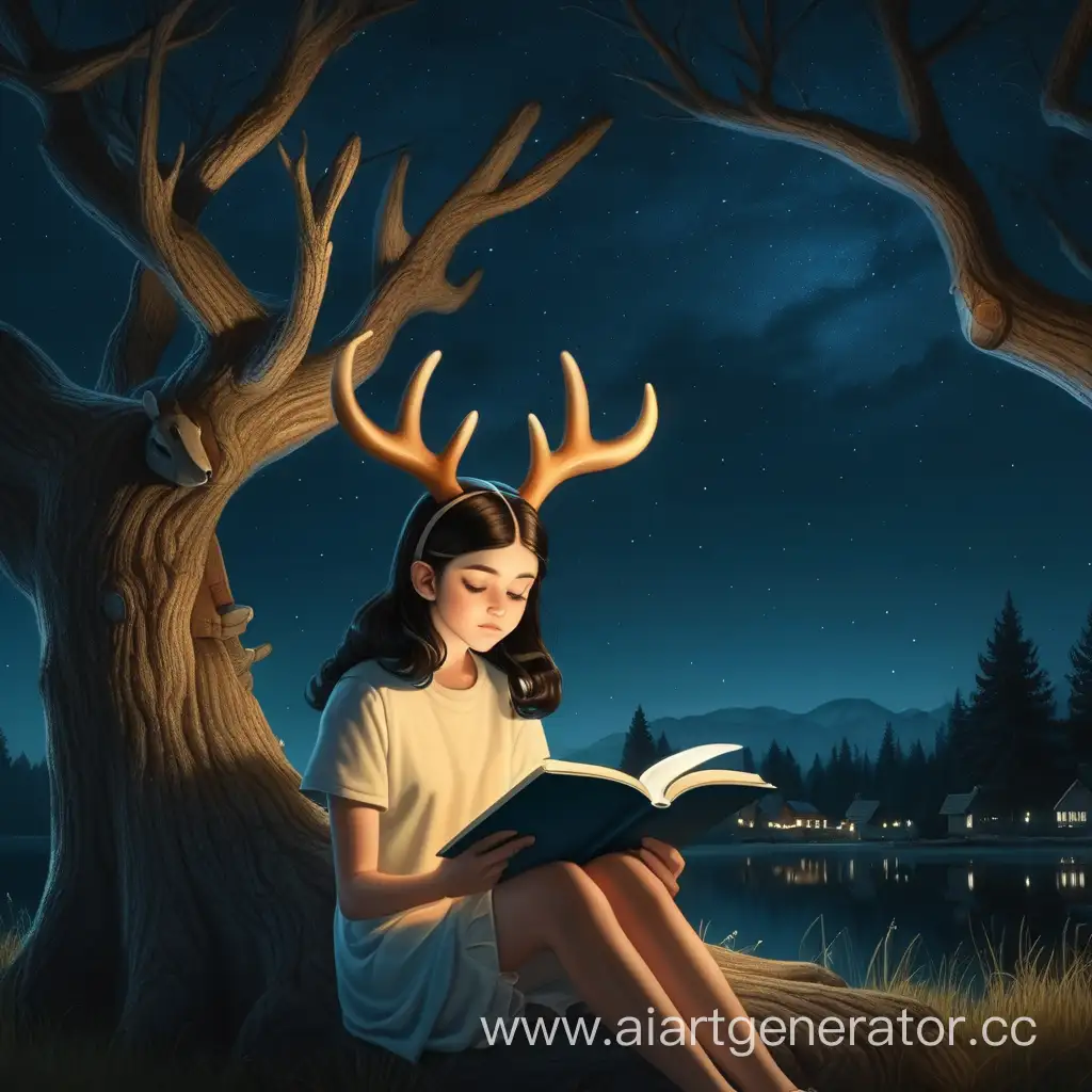 Темноволосая девушка с оленьими рожками читает книгу, сидя на дереве ночью
