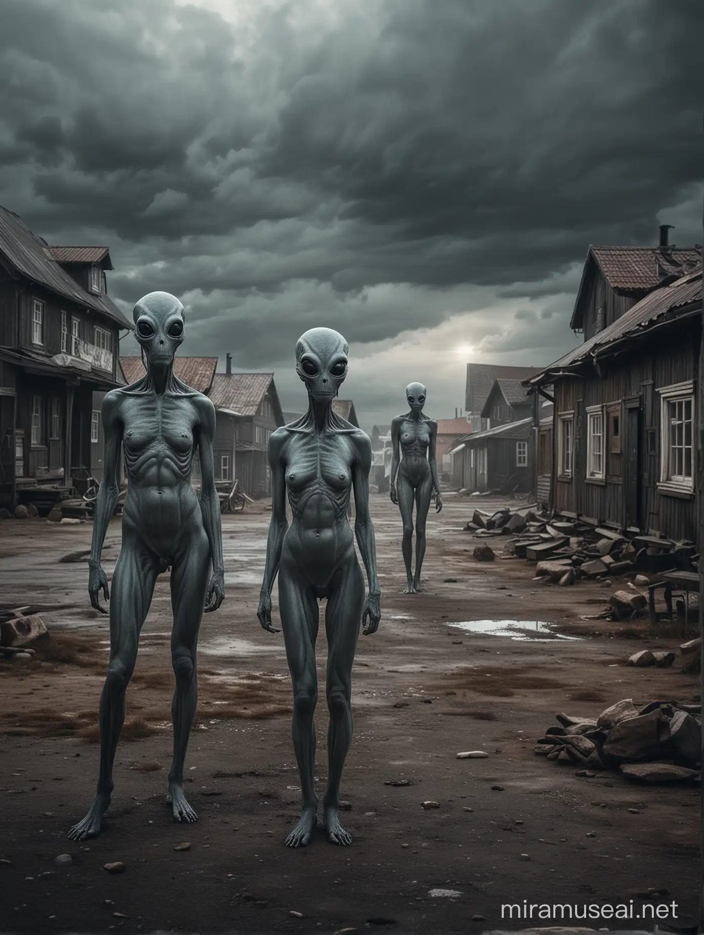 A dramatic scenery of beautiful alien like creatures blending in beautifully with humans in a 
Ghost town in the Sweden, dramatic lighting 