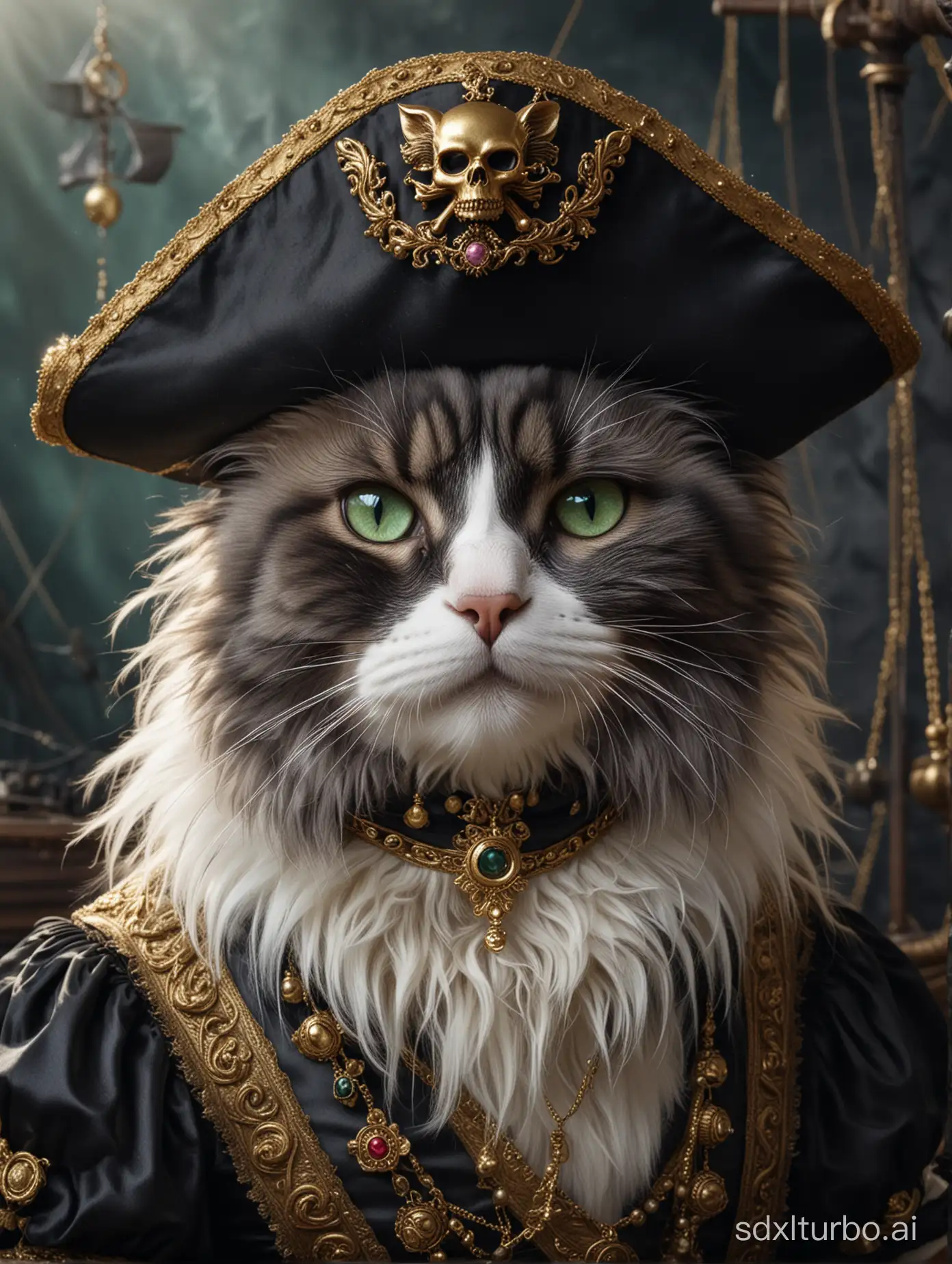 布偶猫船长的海盗服装饰有精美的天体珠宝和闪闪发光的金饰，散发着贵族掠夺的气息。她奢华的皮毛闪耀着深乌木和银色的色调，经过精心修饰，却展现出海上生活的痕迹。这幅引人注目的图像是一幅数字渲染的绘画，以高清晰度捕捉每一个复杂的细节。船长戴着三角帽，一双翠绿的眼睛锐利地凝视着外面，在她顽皮的外表下隐藏着一种高贵的优雅，吸引着人们的注意。构图巧妙地平衡了华丽与粗犷，邀请观众深入了解猫科海盗的华丽冒险的神秘故事