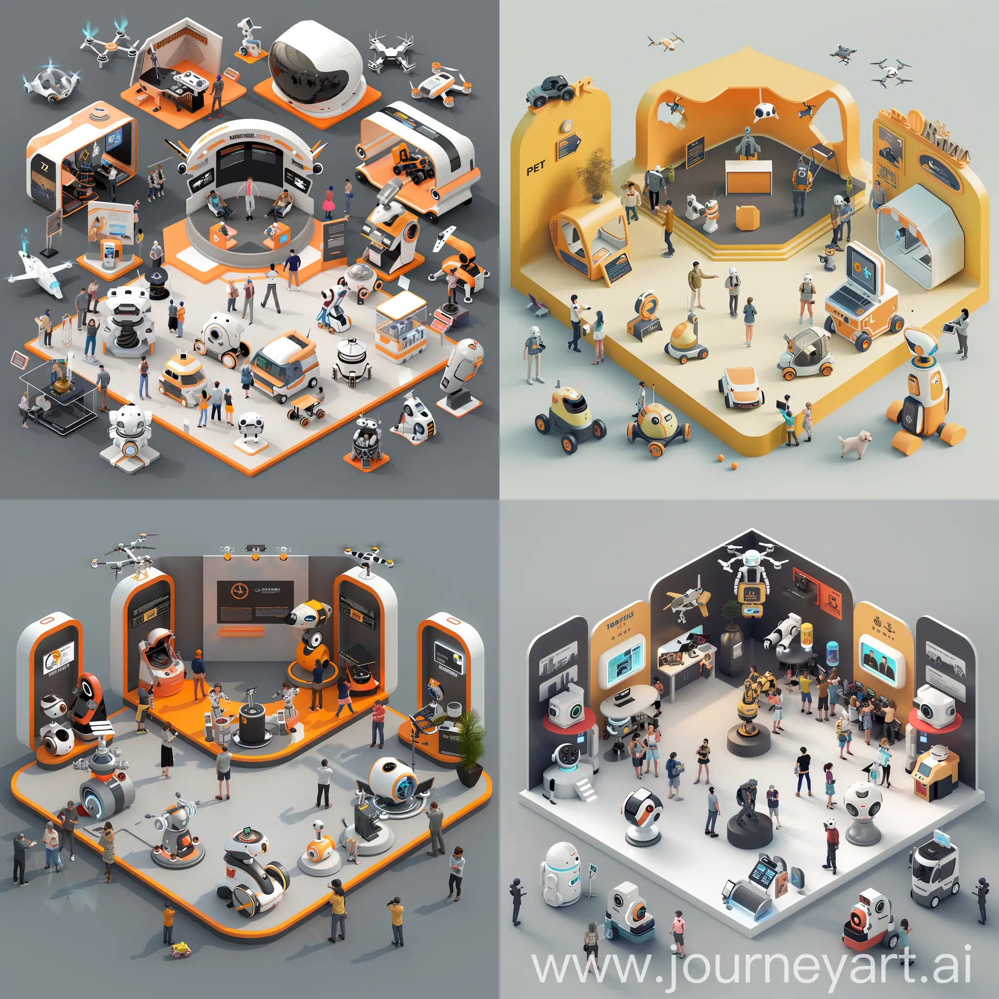 Create a 3d illustration image of Mobile robotics such as drones, Collaborative robots, industrial automation robots, pet robots, mobility assistant robots, housekeeper robots, robot dogs, military robots in the theme park(actually, it's exhibition hall). A small stage is set up in the center of the park to announce and publicize new robots, and people gather at each booth surrounding the stage to freely experience various robots.