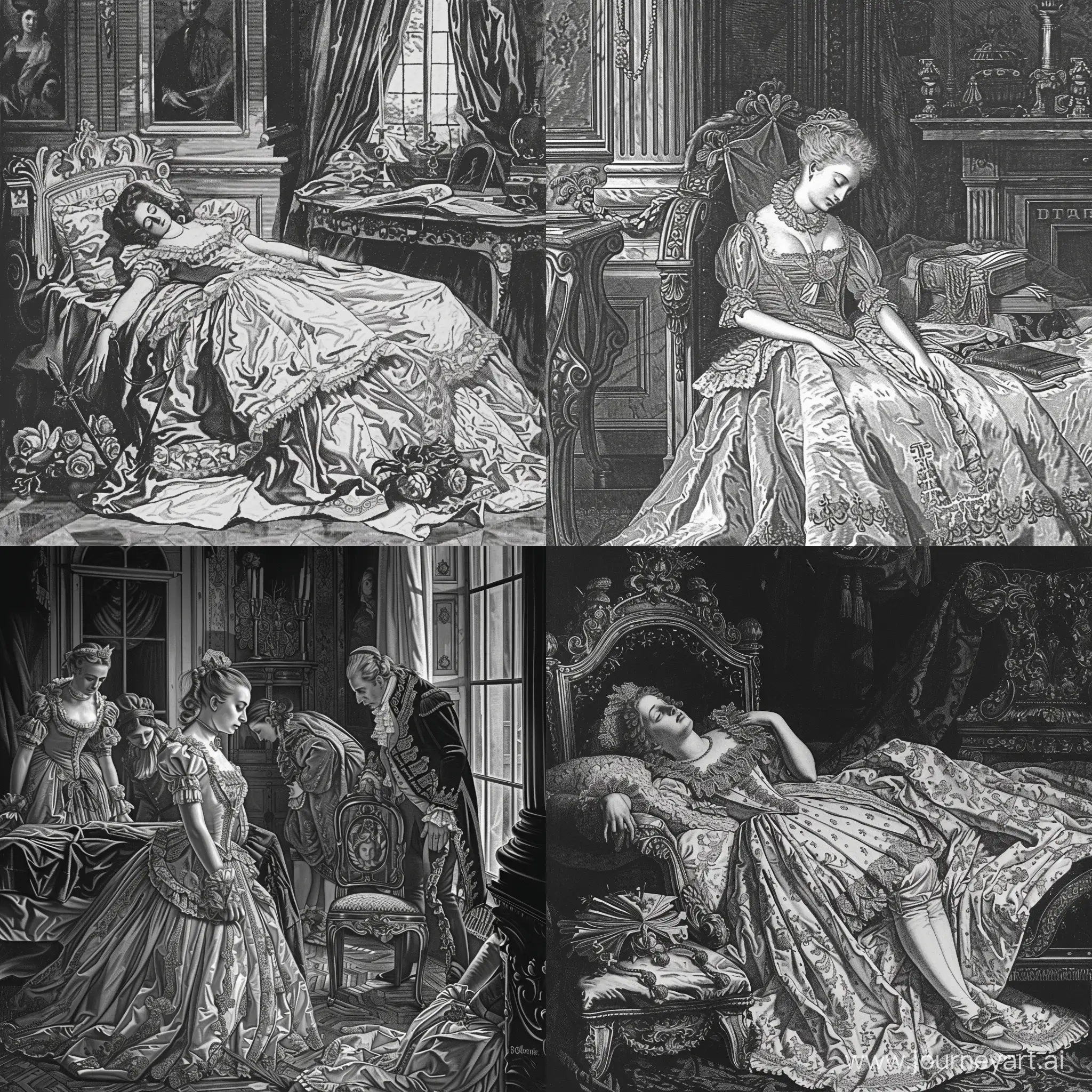 a black and white drawing llustration of marie antoinette death's, a mid-nineteenth century engraving by Gustav Doré, cg society, figuration libre, photoillustration, sabattier effect, storybook illustration
