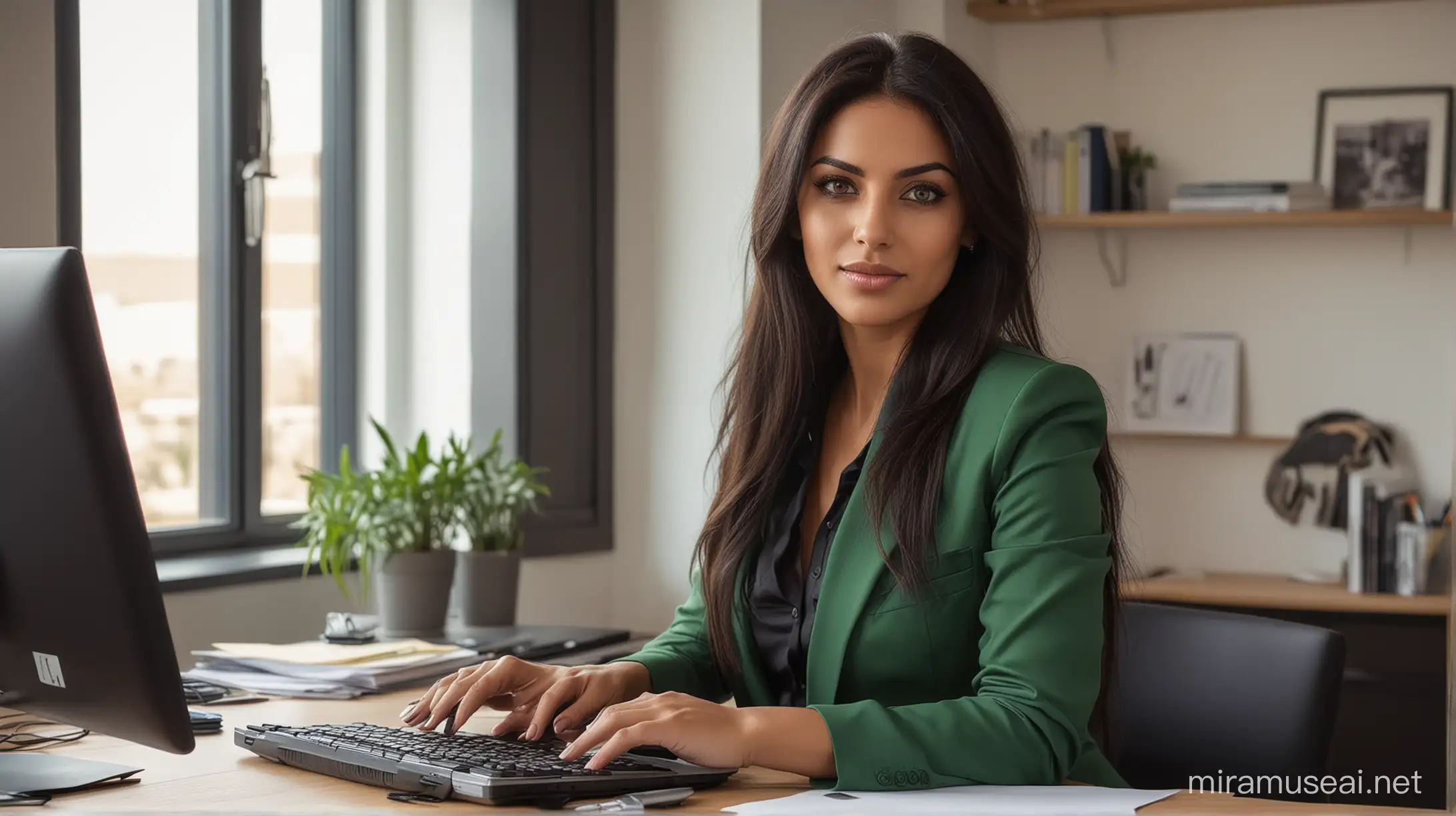 real photo, realism, only one brunette woman with emerald green eyes and black long hair, dark brown skin like the desert, arabic egyptian, 35 years old, office work clothes with a office jacket, working at one desk at home with one laptop, long hair, near the window, desk, home, modern living, sexy, sitting in an office chair