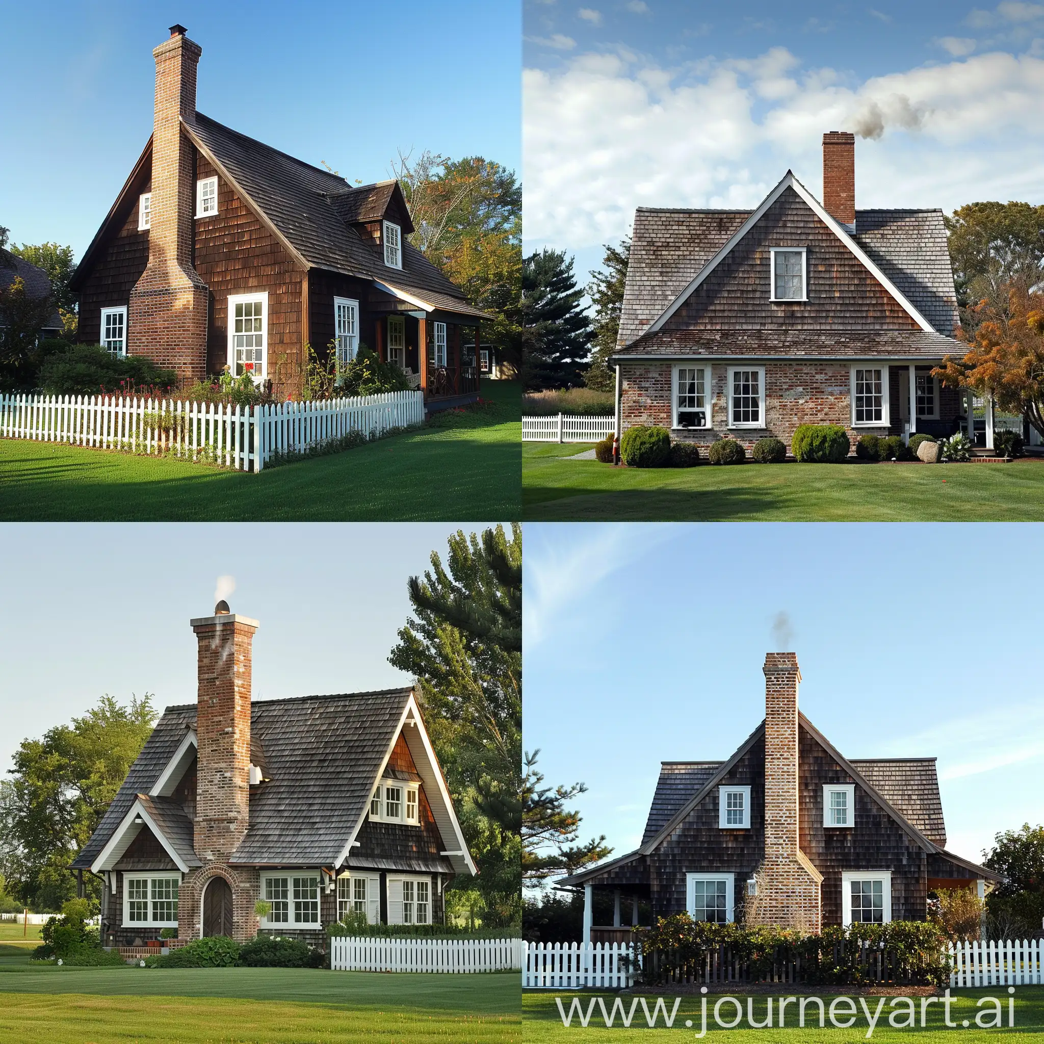 A classic house stands tall with a pitched roof, adorned with a chimney puffing gently. Its sturdy brick or wooden exterior exudes warmth and charm. Windows with white frames peep out from beneath the eaves, while a welcoming front porch invites guests to linger. A neatly manicured lawn surrounds the house, bordered by a white picket fence, completing the quintessential picture of timeless Americana.