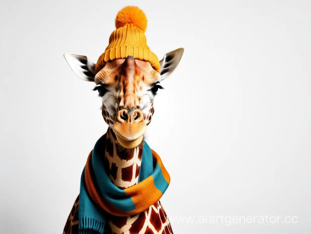 A giraffe in a hat and scarf. White background