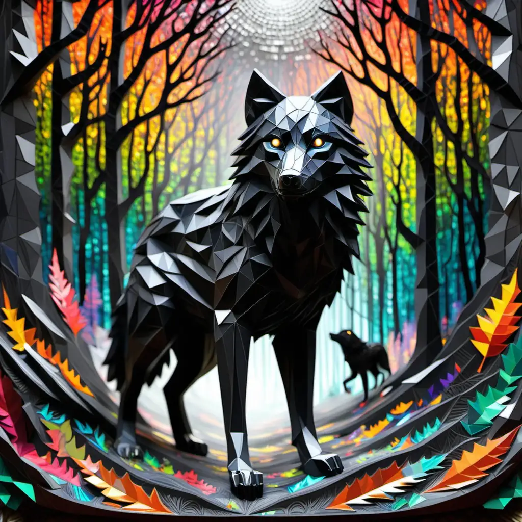 Surrealistic Mega Hybrid Black Wolf Hunting in Enchanted Forest
