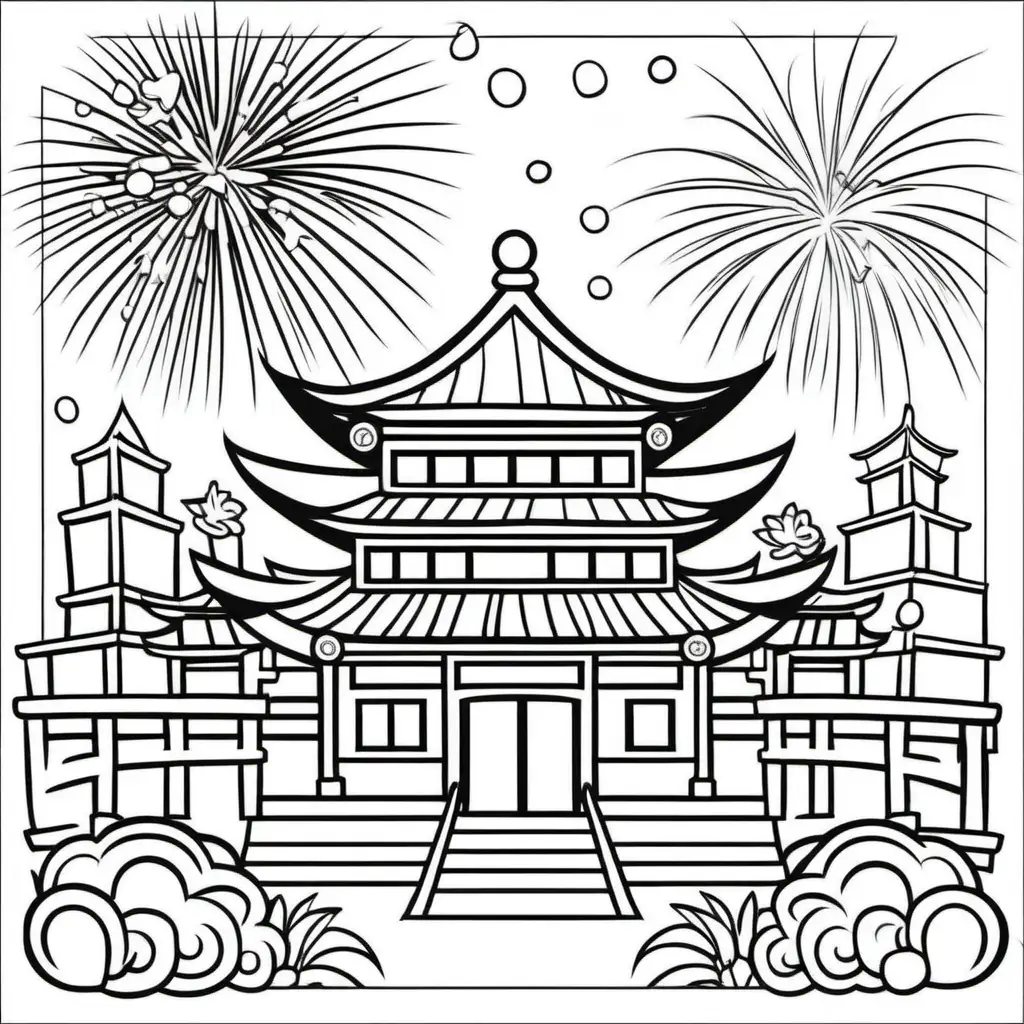 Chinese New Year Coloring Page for Kids with Cartoon Style and Fireworks