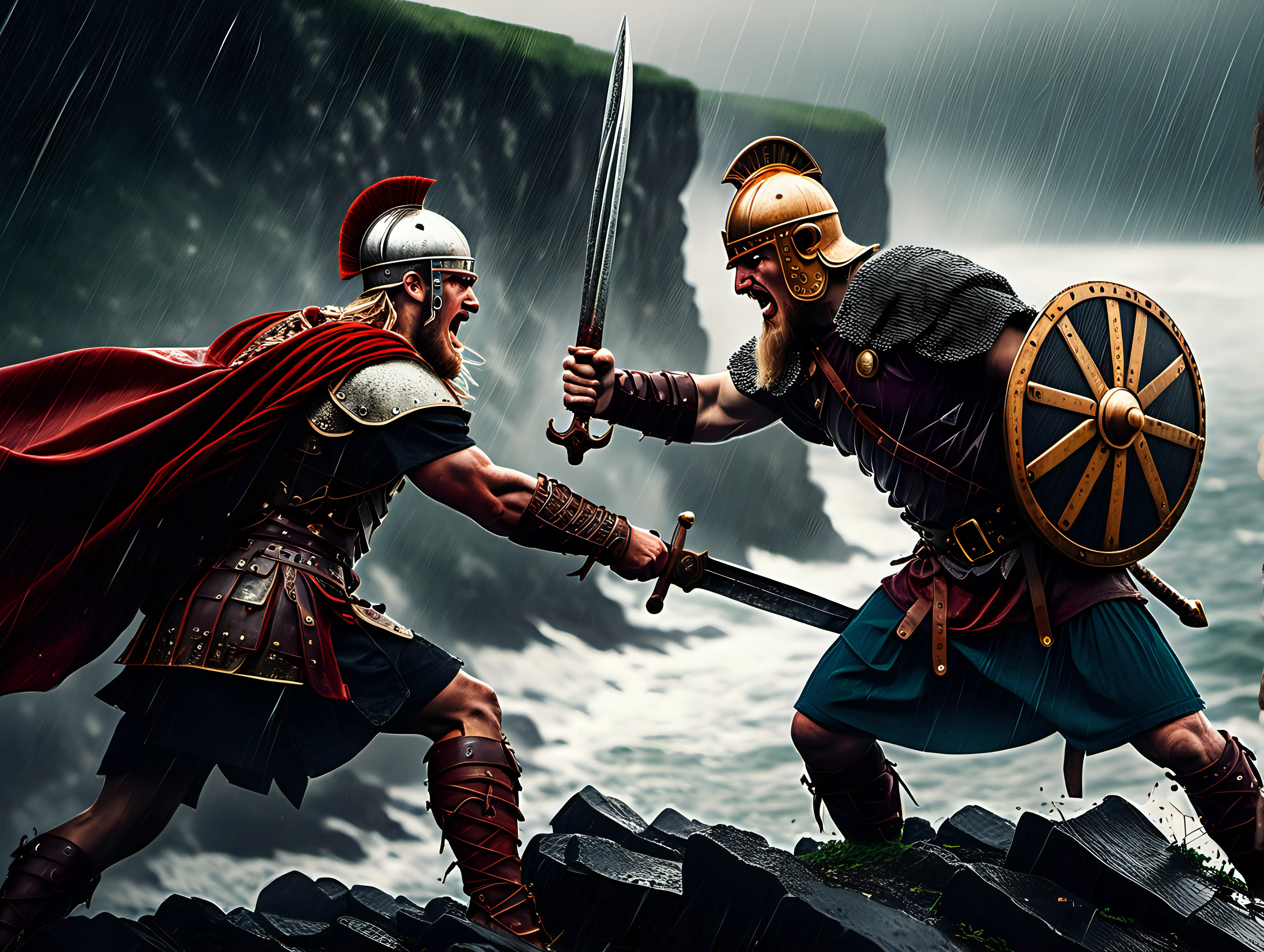 Epic Battle Roman and Viking Soldiers Clash on RainDrenched Cliff