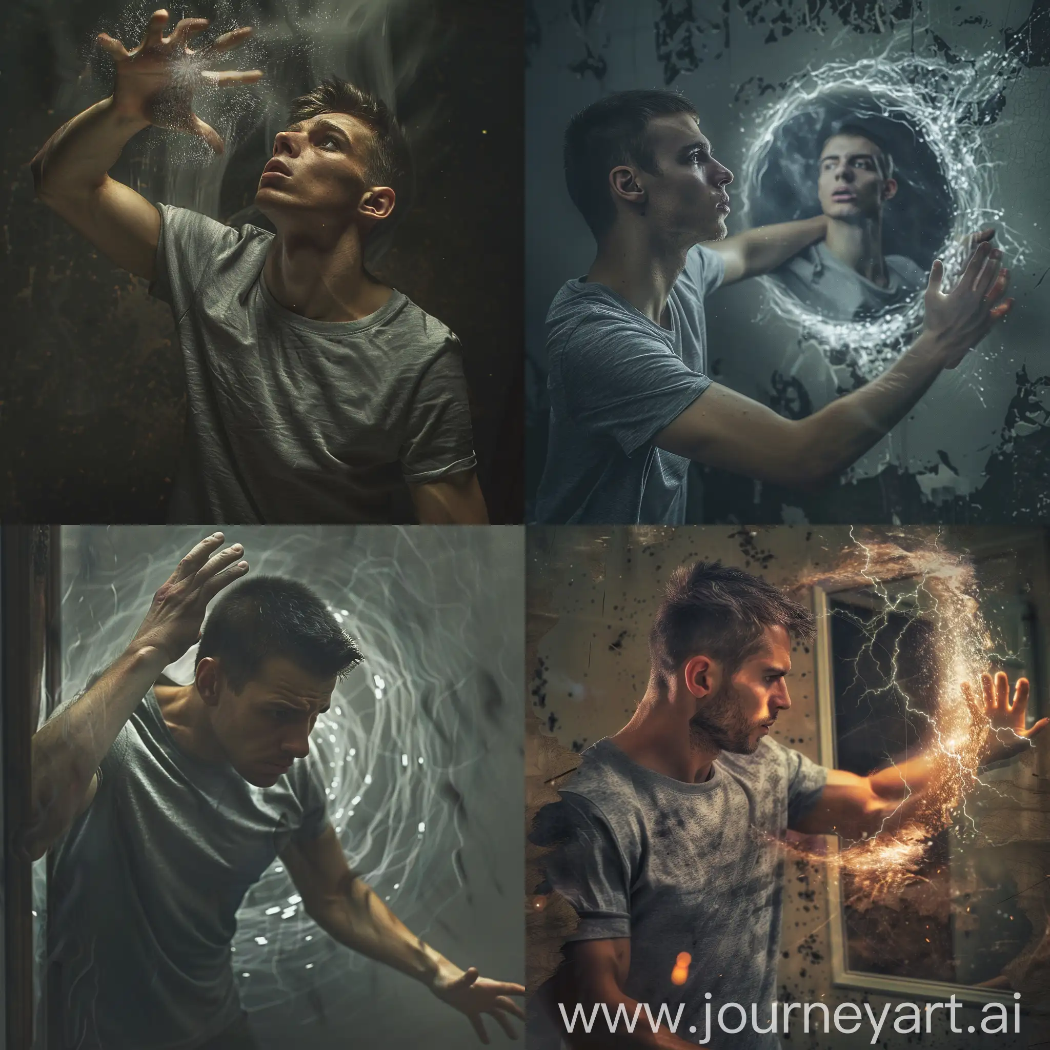 man, gray t-shirt, reaching for the mirror with his hand, short haircut, around energy flows, hyper-realism, 8K image quality, ultra detail, gloomy atmosphere 
