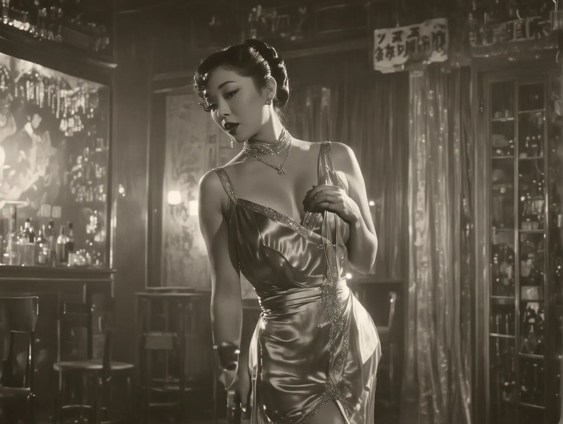 photographic still from a pre-code film, with a female singer in a short silk gown and stockings, in a small Chinese-themed nightclub, sensual grainy feel
