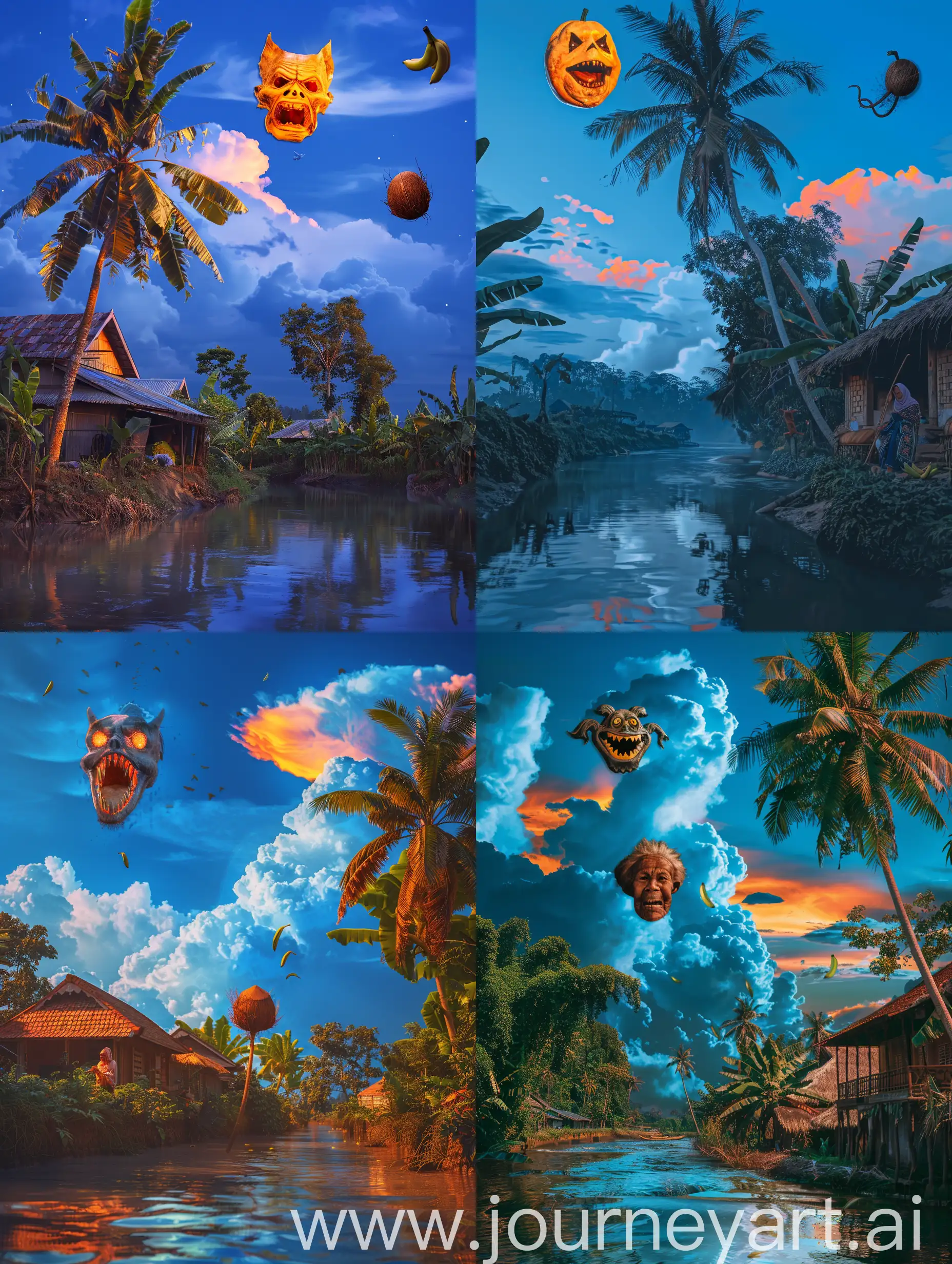 village atmosphere at dusk. blue sky there is an orange glow behind the beautiful clouds. the river flows calmly. there is a reflection of the image in the water. coconut tree. banana tree. an old malay woman, scary face flying in the air. realistic photography. ultra realistic. 24K full HD.