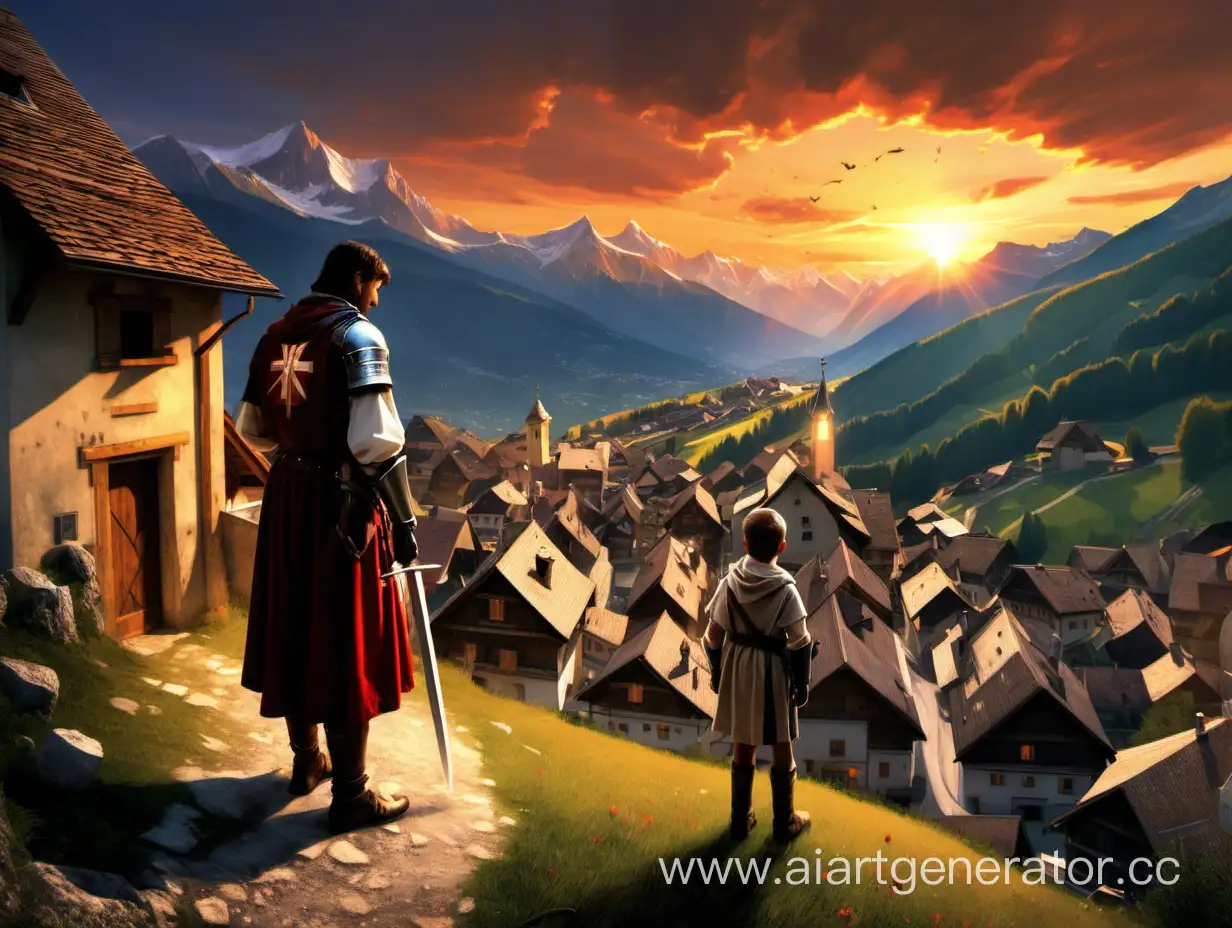 вечер, закат, деревня в альпах , тамплиер посвящает в рыцари мальчика