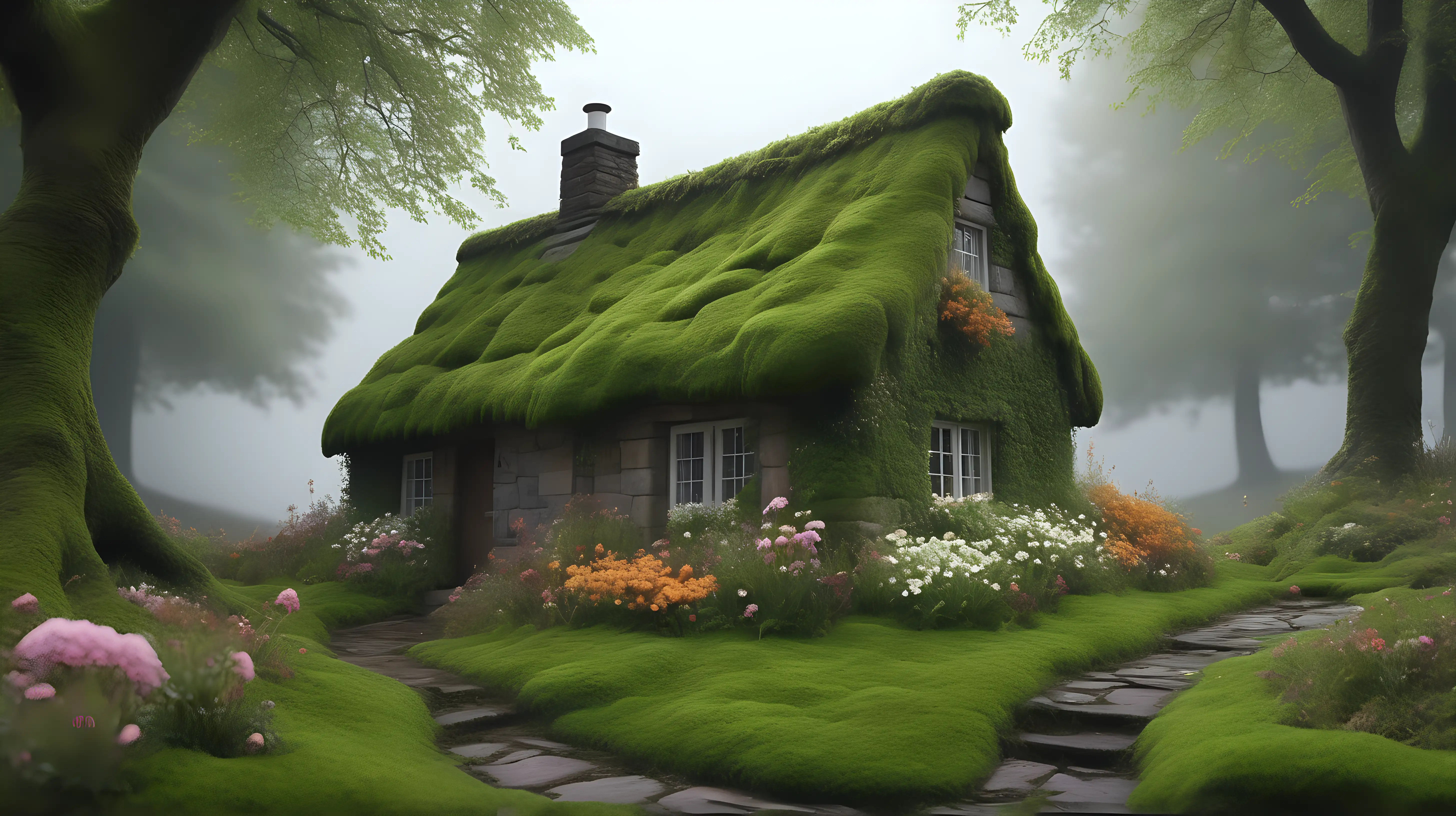 dark misty Country cottage made of moss covered sandstone in flower in a ultra realistic, HD, 8K real life 
