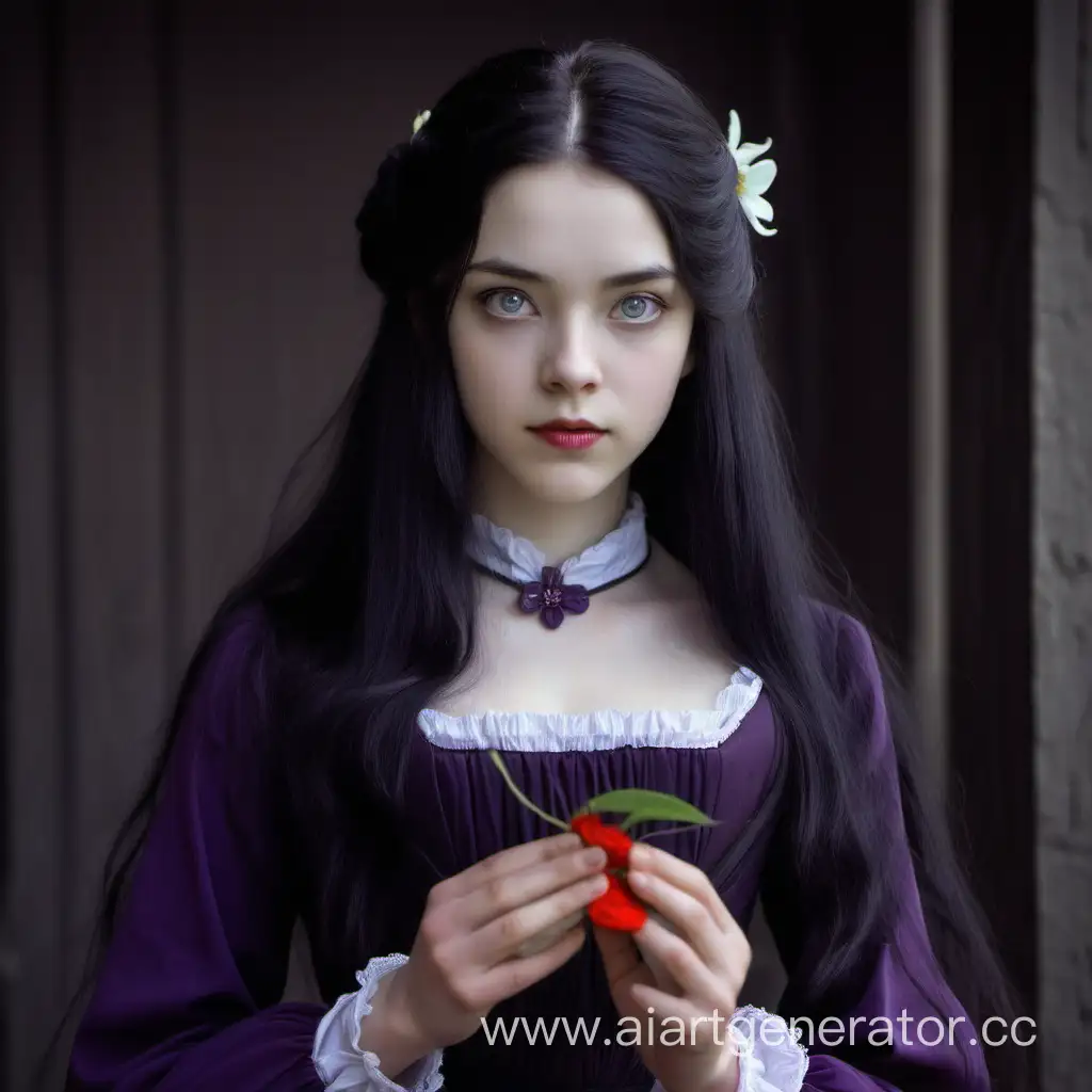 девушка,  фиолетовые глаза. Черные длинные волосы. Темно-фиолетовое  платье 19 века. В руках белый жасмин.  На заднем плане красная печать 