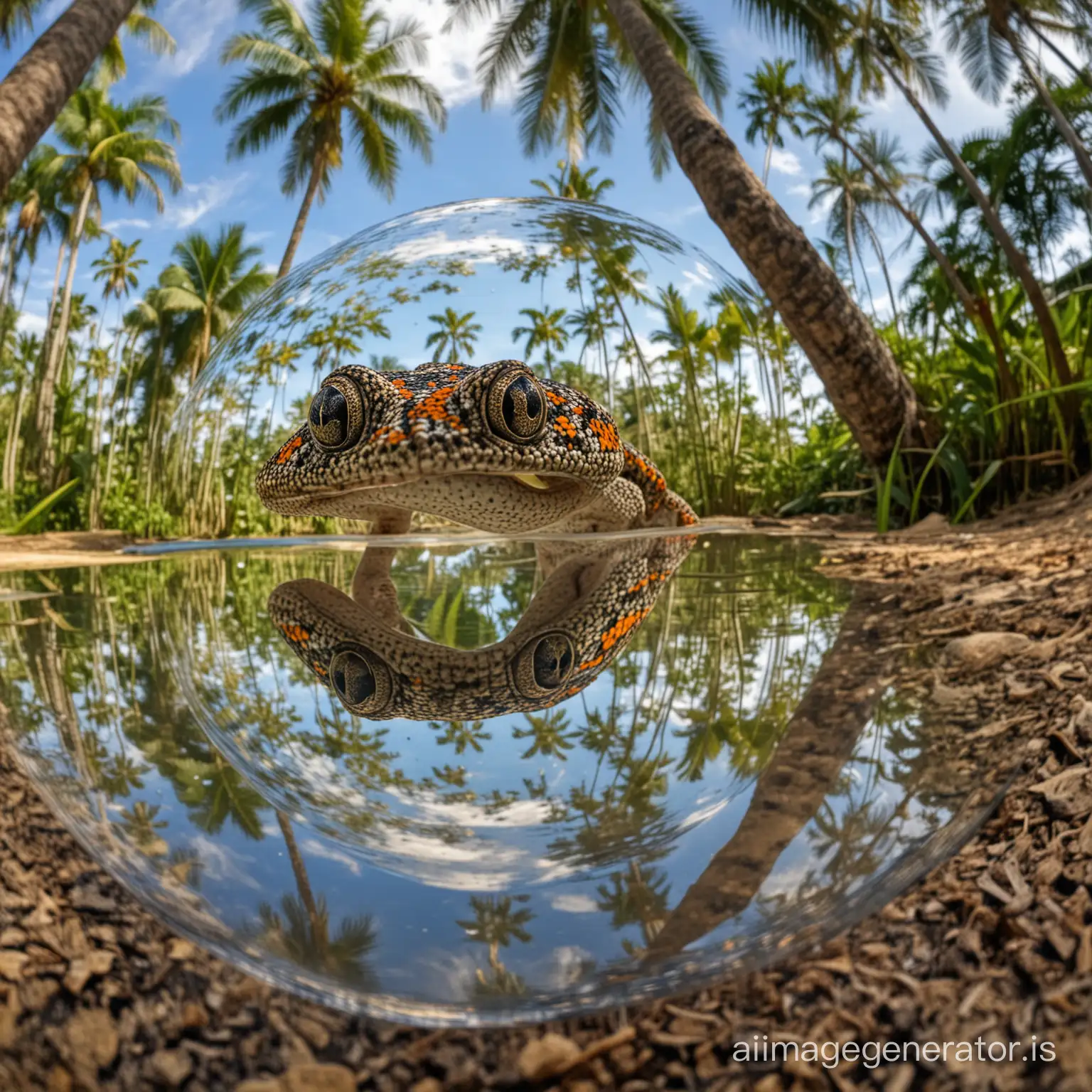 Thai-Gecko-and-Butterfly-in-Palm-Garden-with-Reflective-Fisheye-Lens-Effect