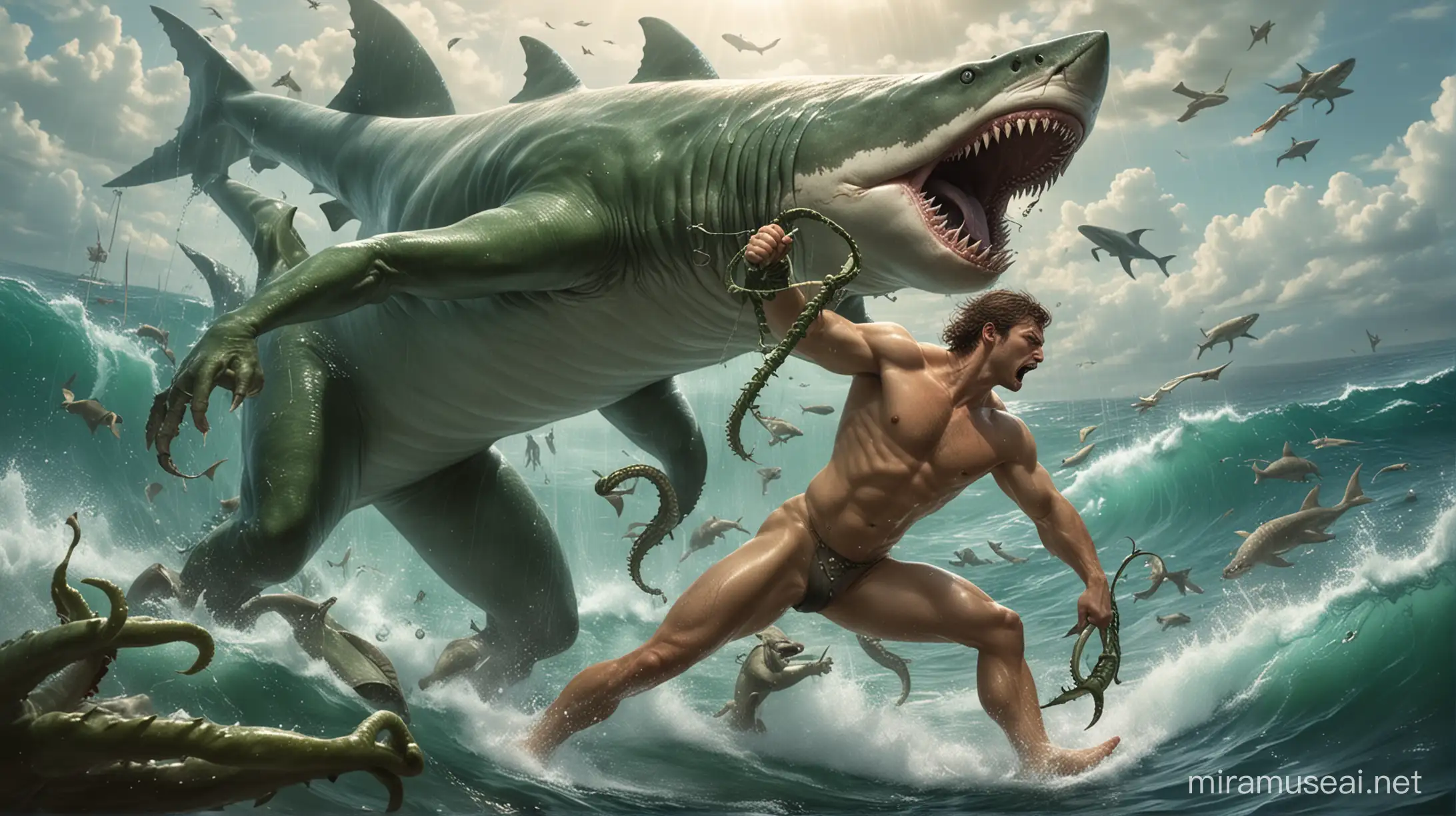 nude male warrior battling a shark man with green tentacles.
