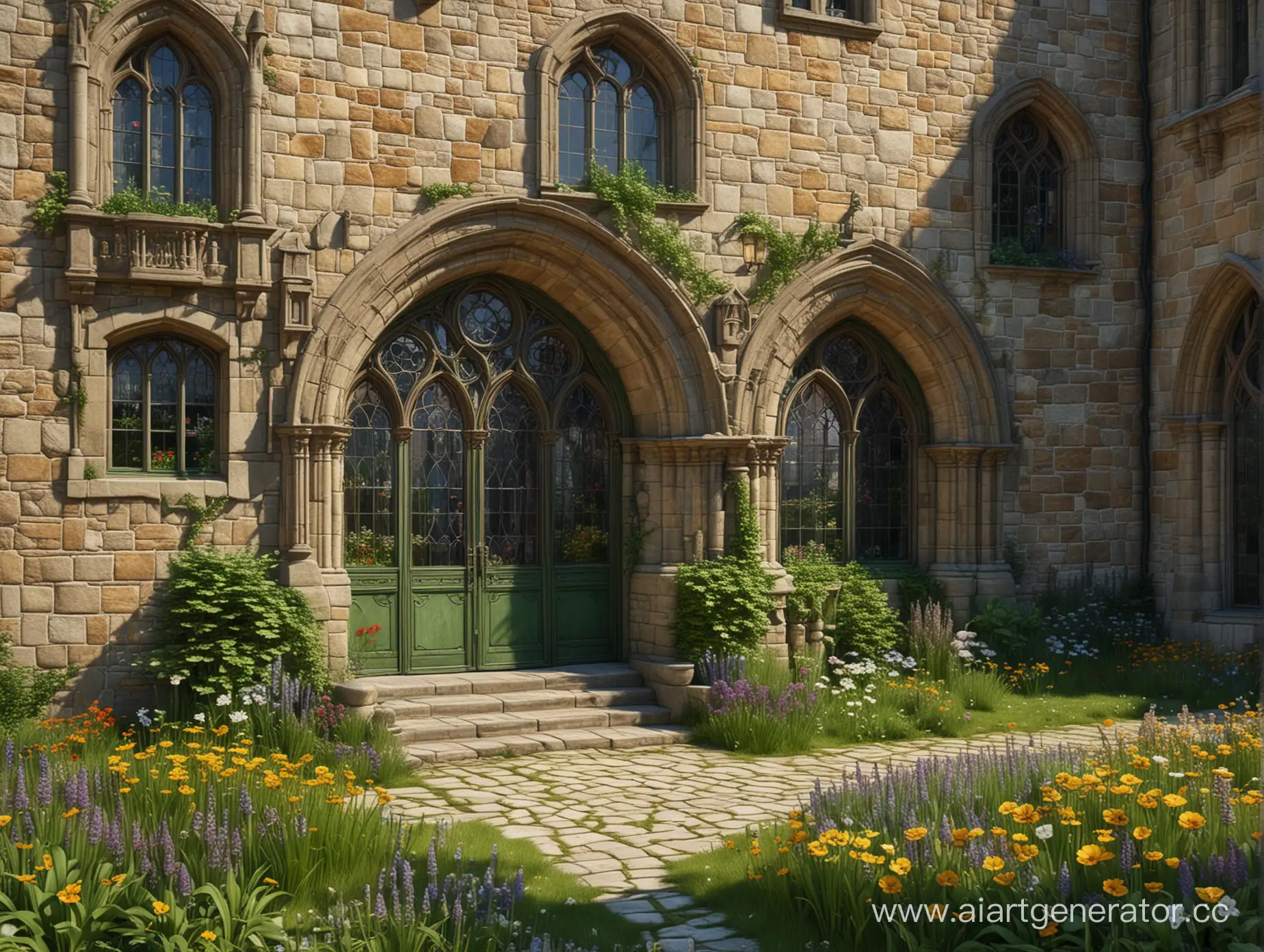 private academy for wizards, large old castle in Gothic style, stone walls, large stained glass windows, large square in front of the main entrance with a green lawn and many flowers, several low buildings, high detail, realism