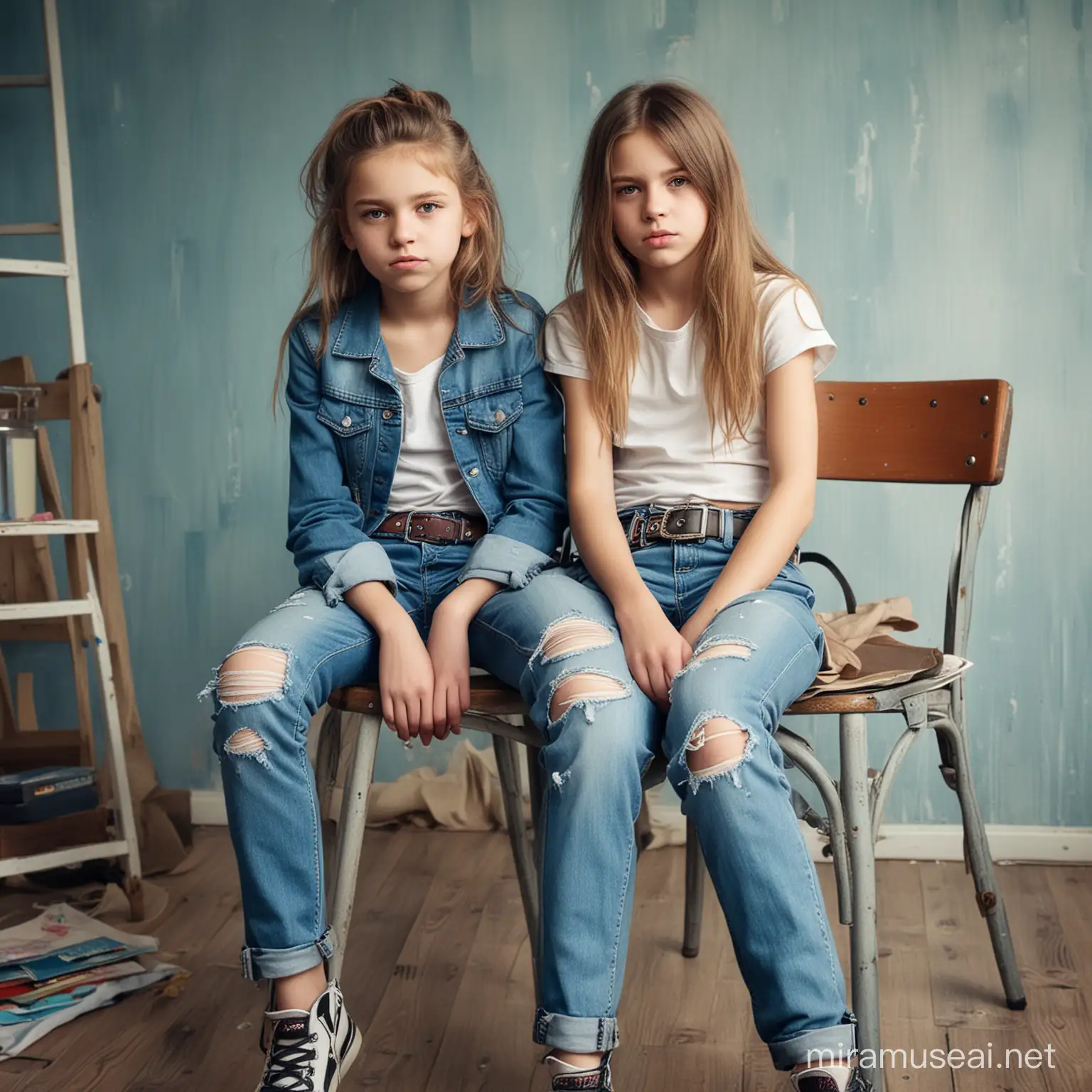 real photo of two ugly girls,13 years,sitting on a chair,stern face,skinny blue faded jeans with belt,messy children's room,extremely realistic,skin features