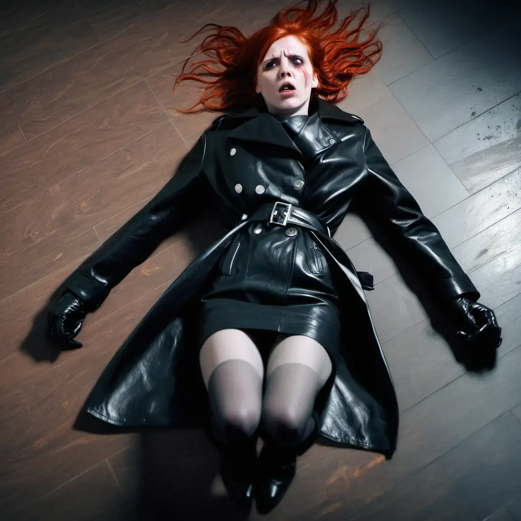 dead murdered young pretty redhead woman in leather coat strangled death stare body on floor