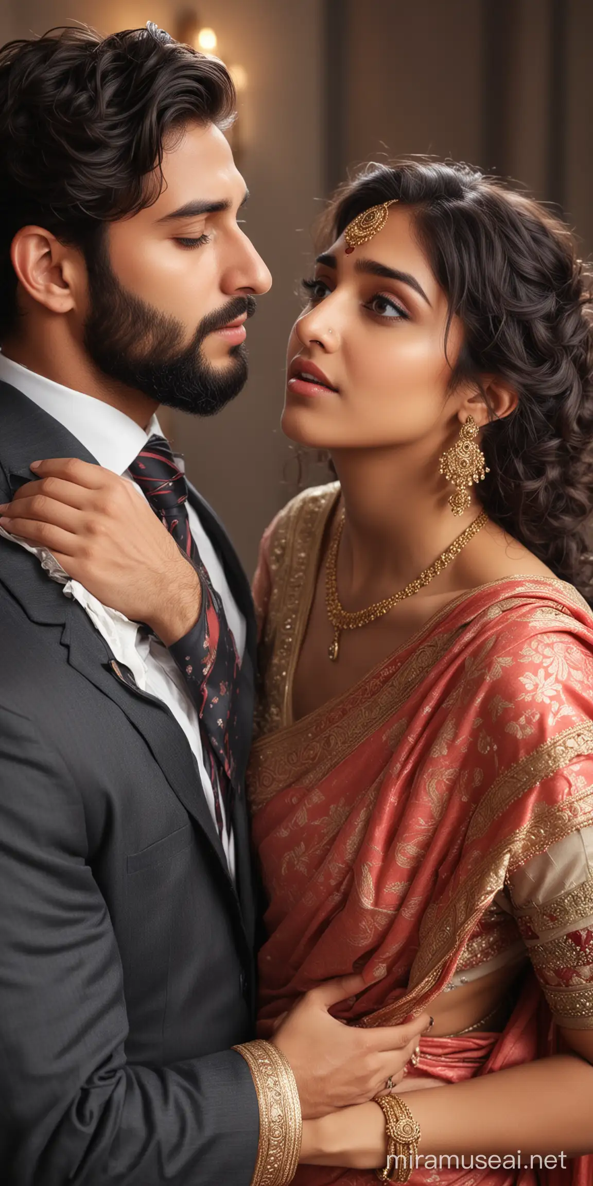 couple, most handsome full body photo of  elegant european male,  formals with tie,  elegant looks,  beard,  most beautiful cute indian girl, elegant saree, low cut back, makeup, curly long hair,  girl head resting on man's chest  with emotional  reunited feeling, girl emotional and crying, emotionally weeping with bursting in tears,  as reunited, low cut back, man comforting girl, 
photo realistic, 4k.
