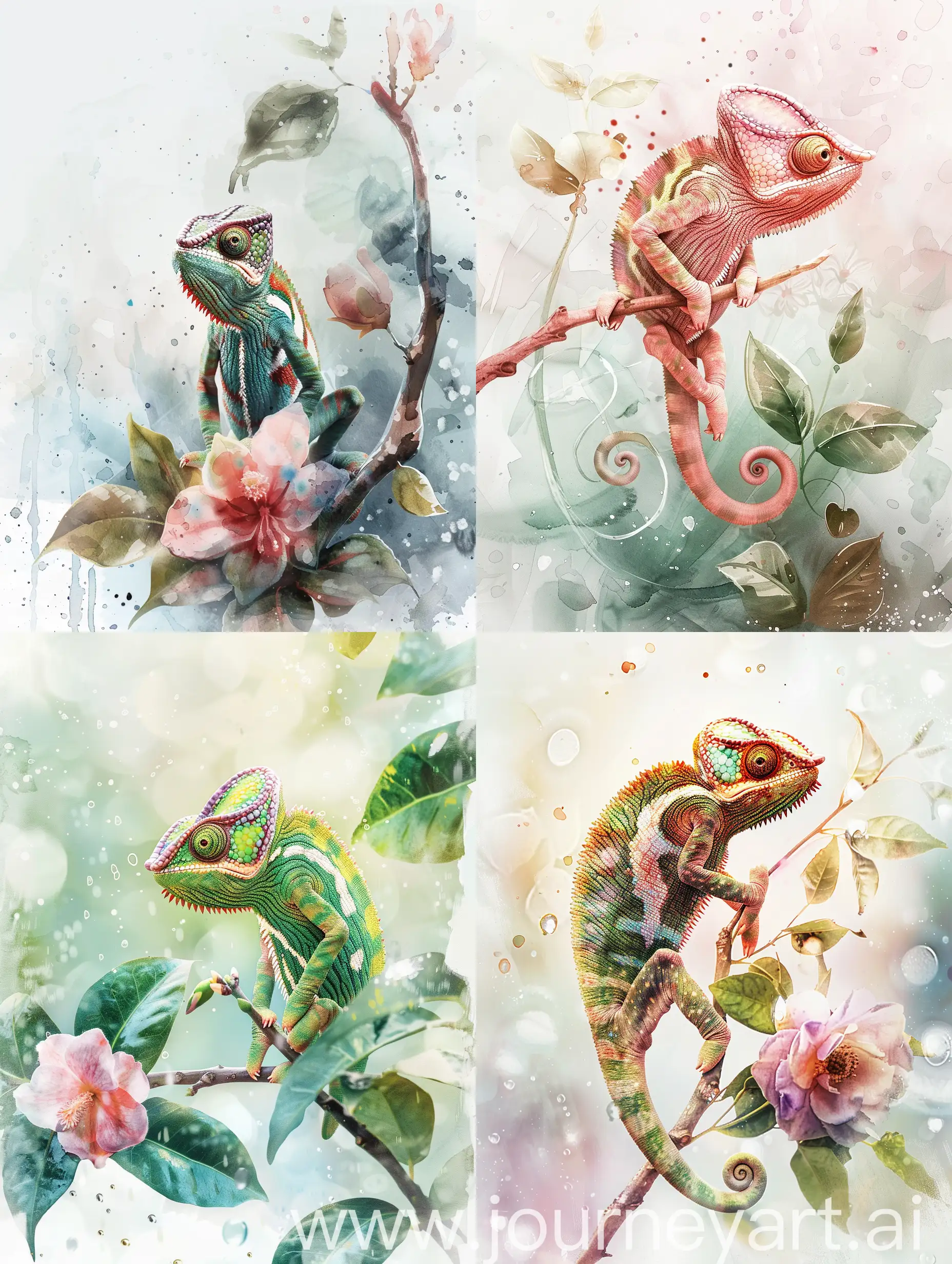 Colorful-Chameleon-on-Branch-with-Watercolor-Surroundings