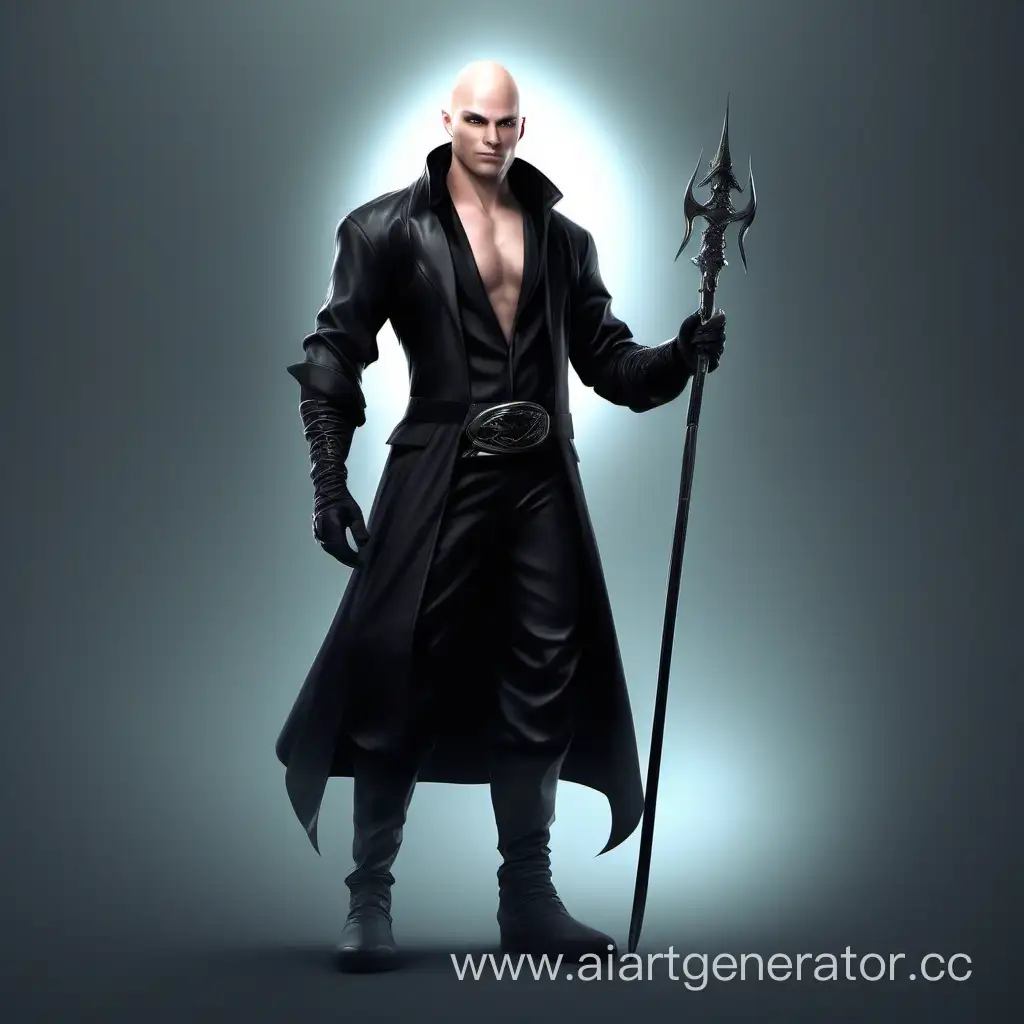 bald guy clean-shaven, sly look, fantasy outfit black, night fantasy sly