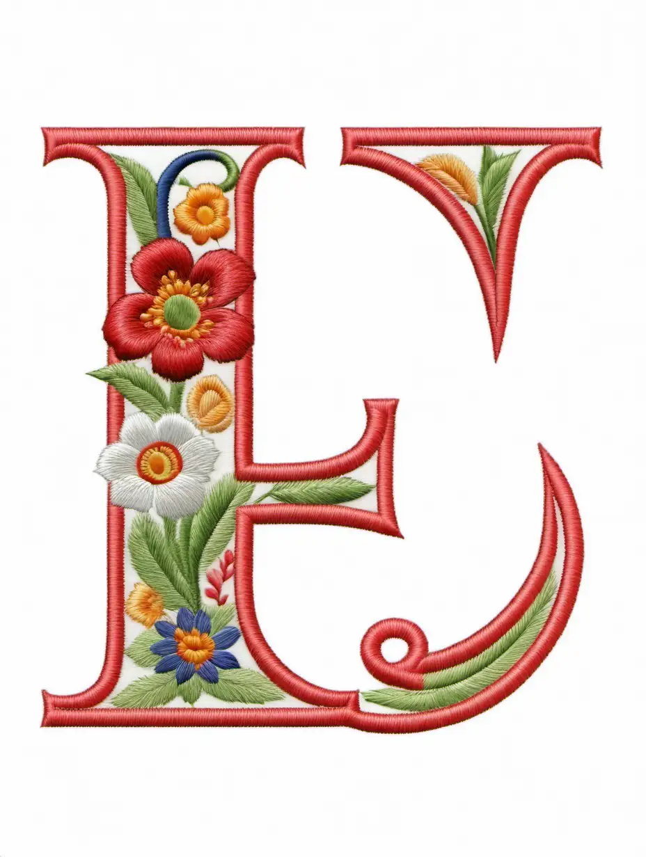 upper case letter (L) in embroidered flower style with clear white background