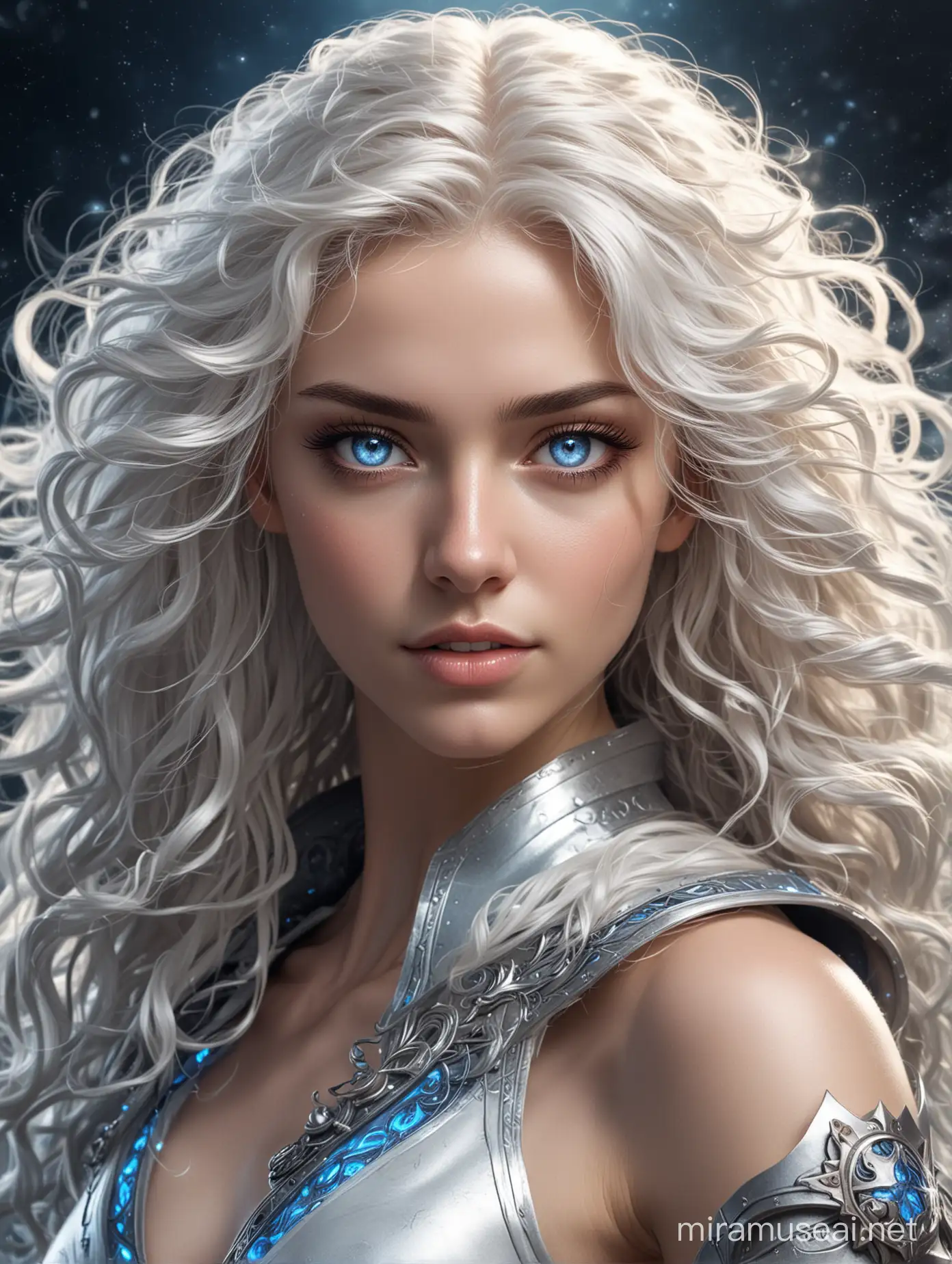Female celestial being fighter. Long curly white hair. Glowing blue eyes. Radiant skin