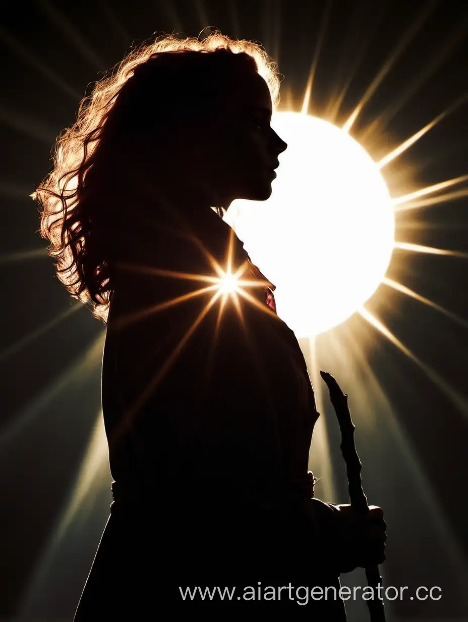 Силуэт Гермионы Грейнджер на фоне ярких солнечных лучей, она практически сливается с ними