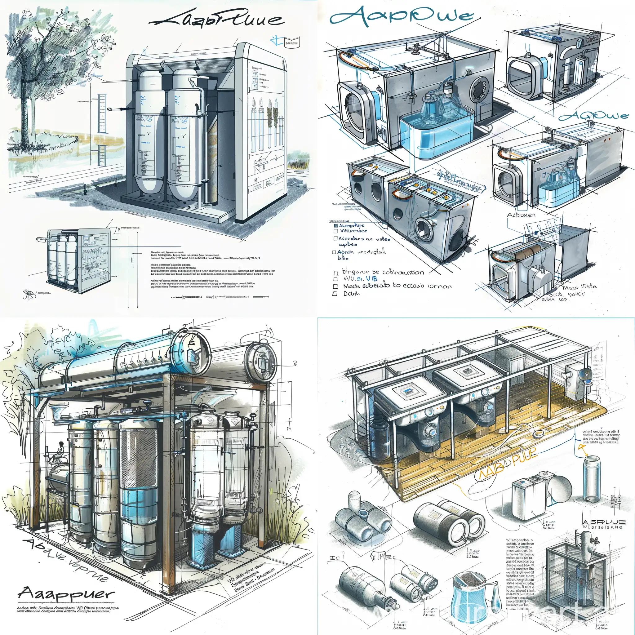 The AquaPure water purification system consists of a multi-stage filtration process, including sedimentation, activated charcoal filtration, and UV disinfection. The system is designed to be modular and customizable, allowing for easy integration into existing water infrastructure. The accompanying concept sketch illustrates the system's components, operation, and placement within the community, highlighting its user-friendly design and functionality. Additionally, detailed specifications for hardware components, such as filtration units, UV disinfection modules, and storage tanks, are provided, along with software requirements for system monitoring and maintenance.