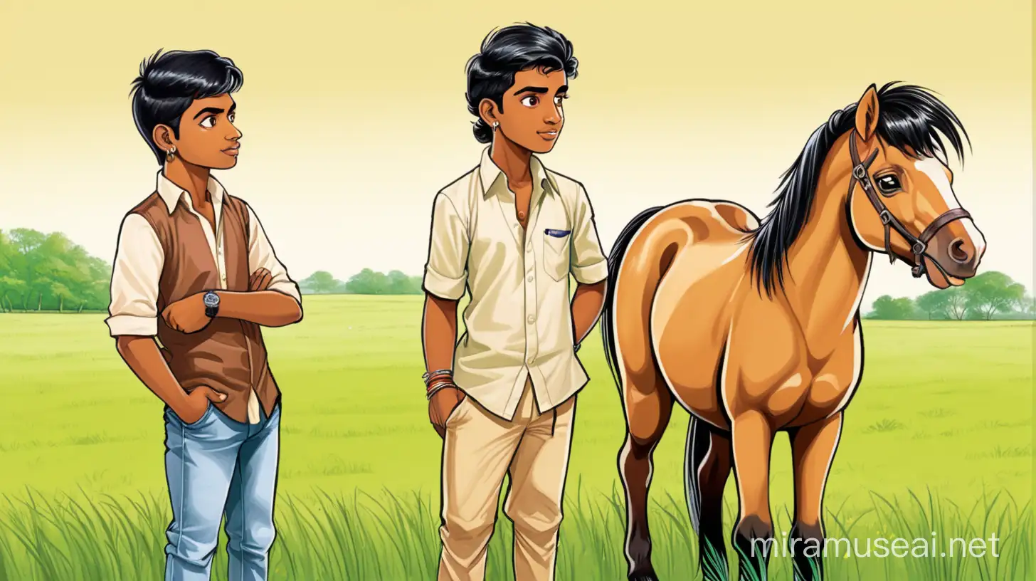 Bengali Young Men Enjoying Leisure Time with Pony in Vibrant Cartoon Style