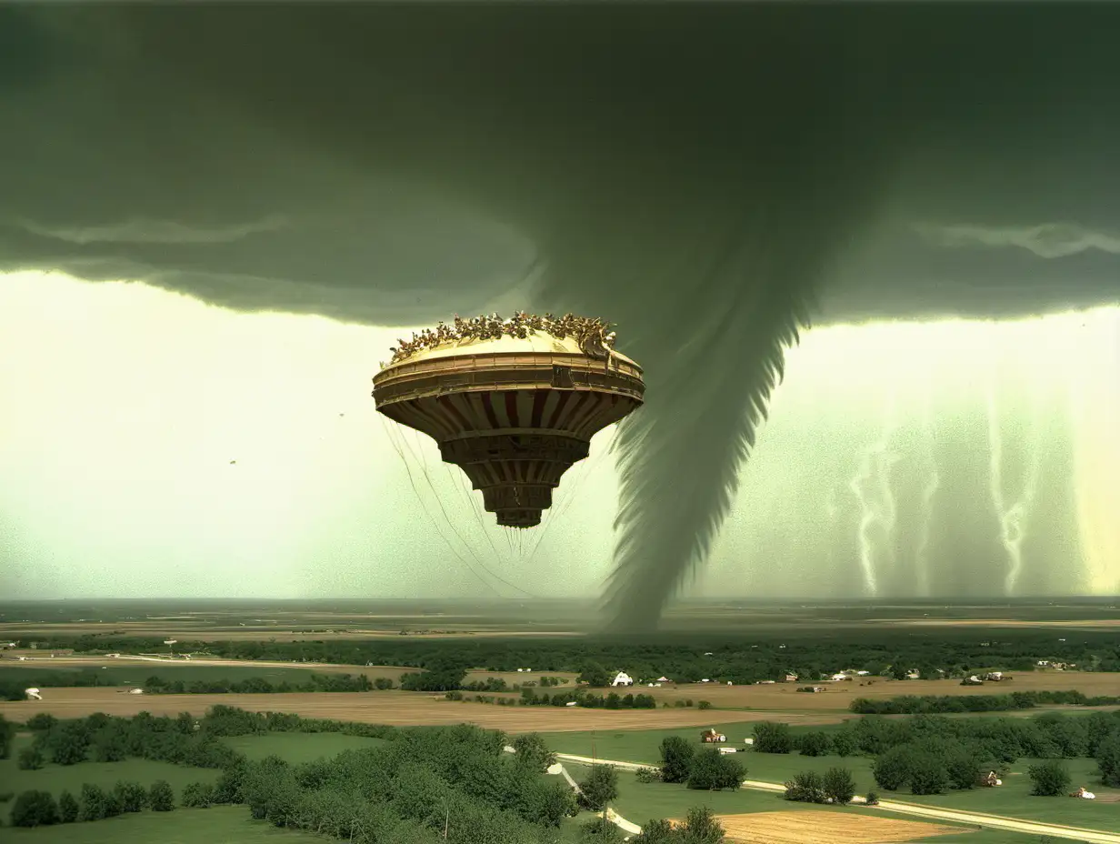 Dorothy of Oz flying over Kansas in a tornado