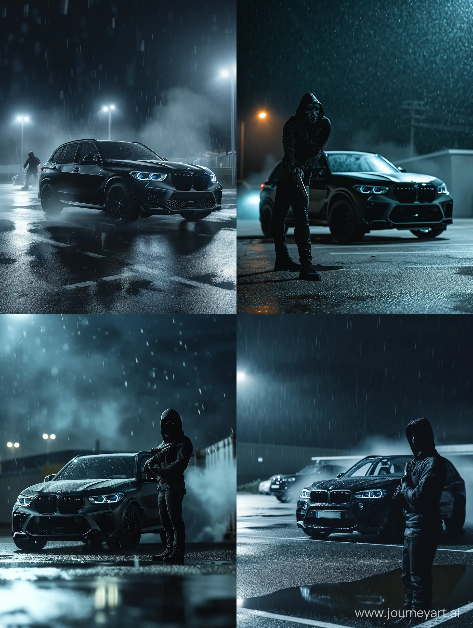 мужчина в черной  маске, с капюшоном наголове, c пистостолетом в руке, стоит ночью на пустыре в дождливую погоду,позади bmw x5m черного цвета,вокруг туман,кинематографическая эстетика hd HQ 8K