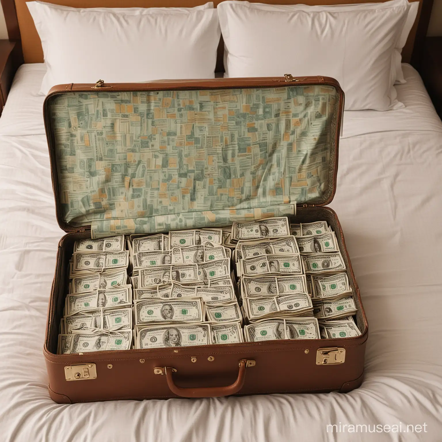 an open suitcase on a bed in a hotel room filled with american currency