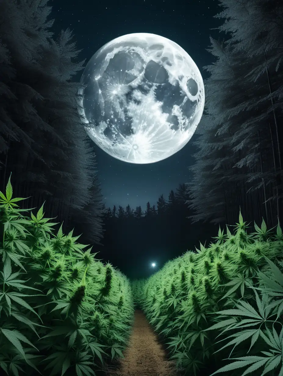 Give me a dark path through a field of cannabis, forest in the background at night with a large  well lit moon and sky





 