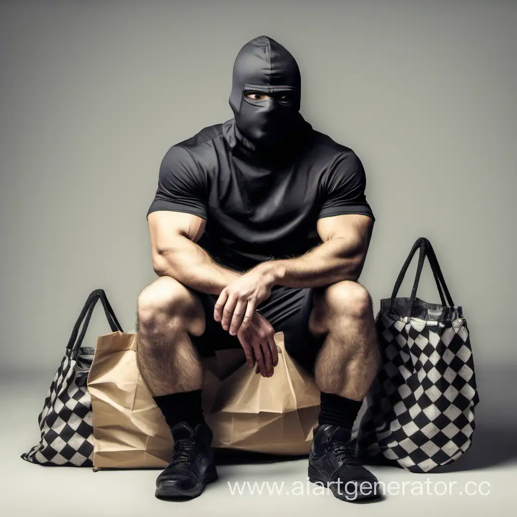 Muscular criminal in balaclava and checkered shorts and shingle sits in a bag