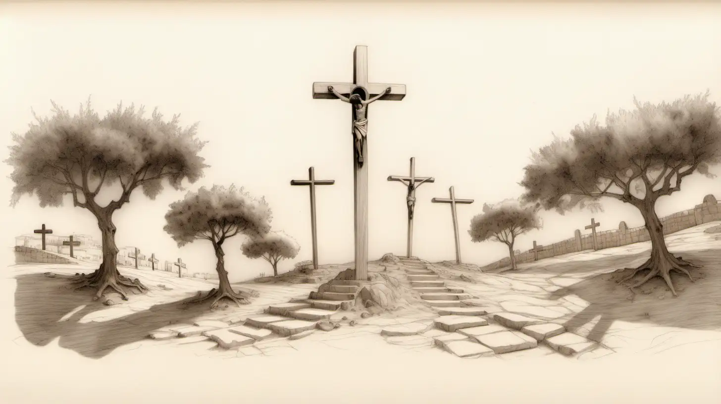 A pencil sketch of the hill of Gethsemane with 3 empty crosses side by side just after the crucifixion of Jesus. The sketch should be in earthy colors such as brown and beige. 