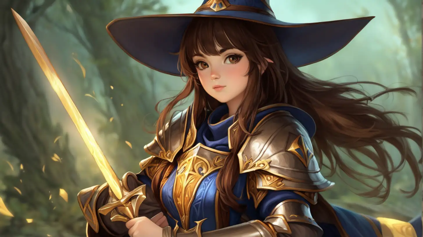 Wizard knight, brown hair, female, beautiful and young.
