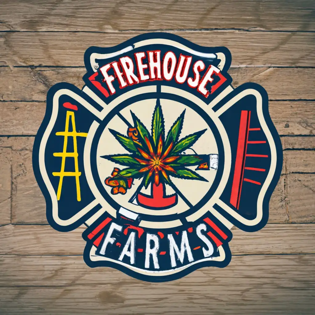 logo, Firehouse Patch Maltese Cross with cannabis flower, fire axe, roofing ladder with the text "FIREHOUSE FARMS", typography
