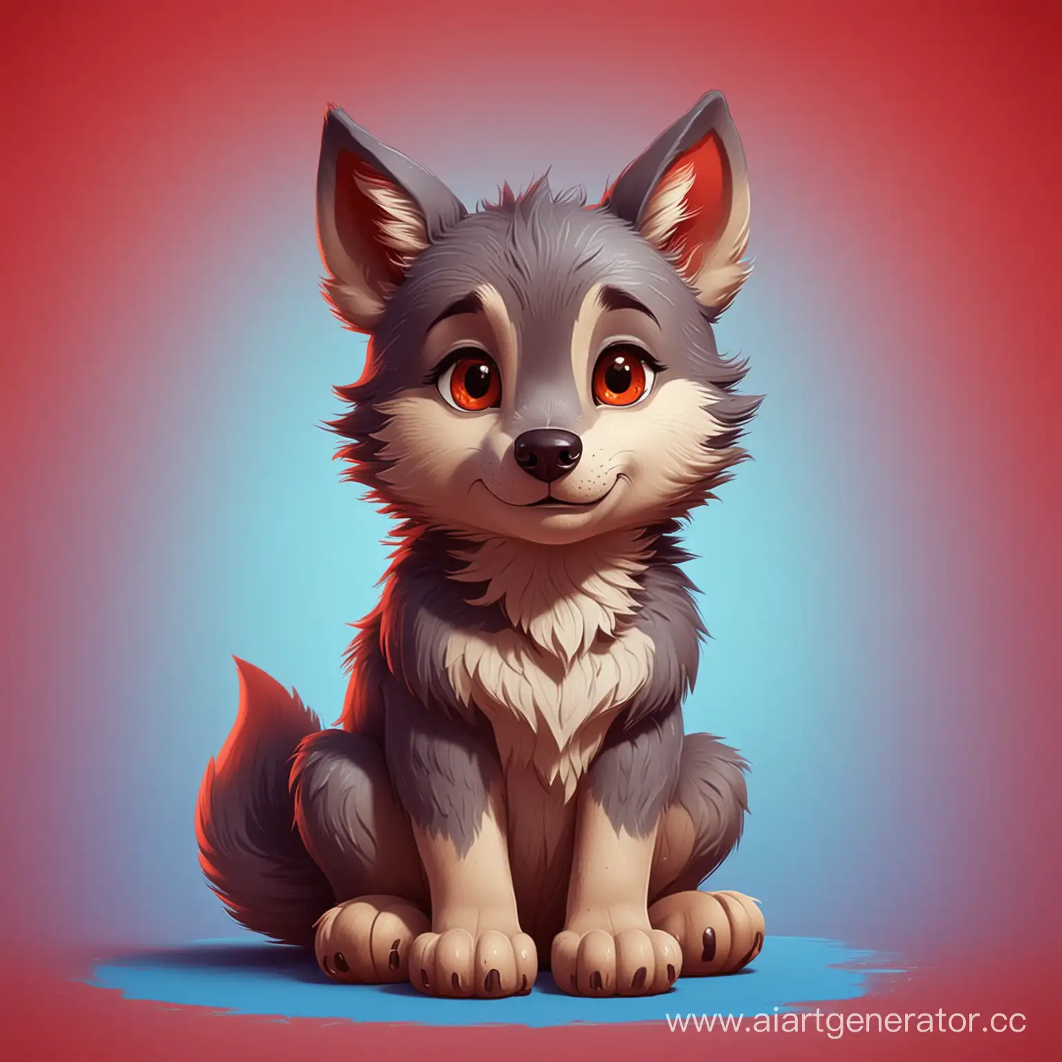 Cartoon-Little-Wolf-Sitting-on-Vibrant-RedBlue-Background