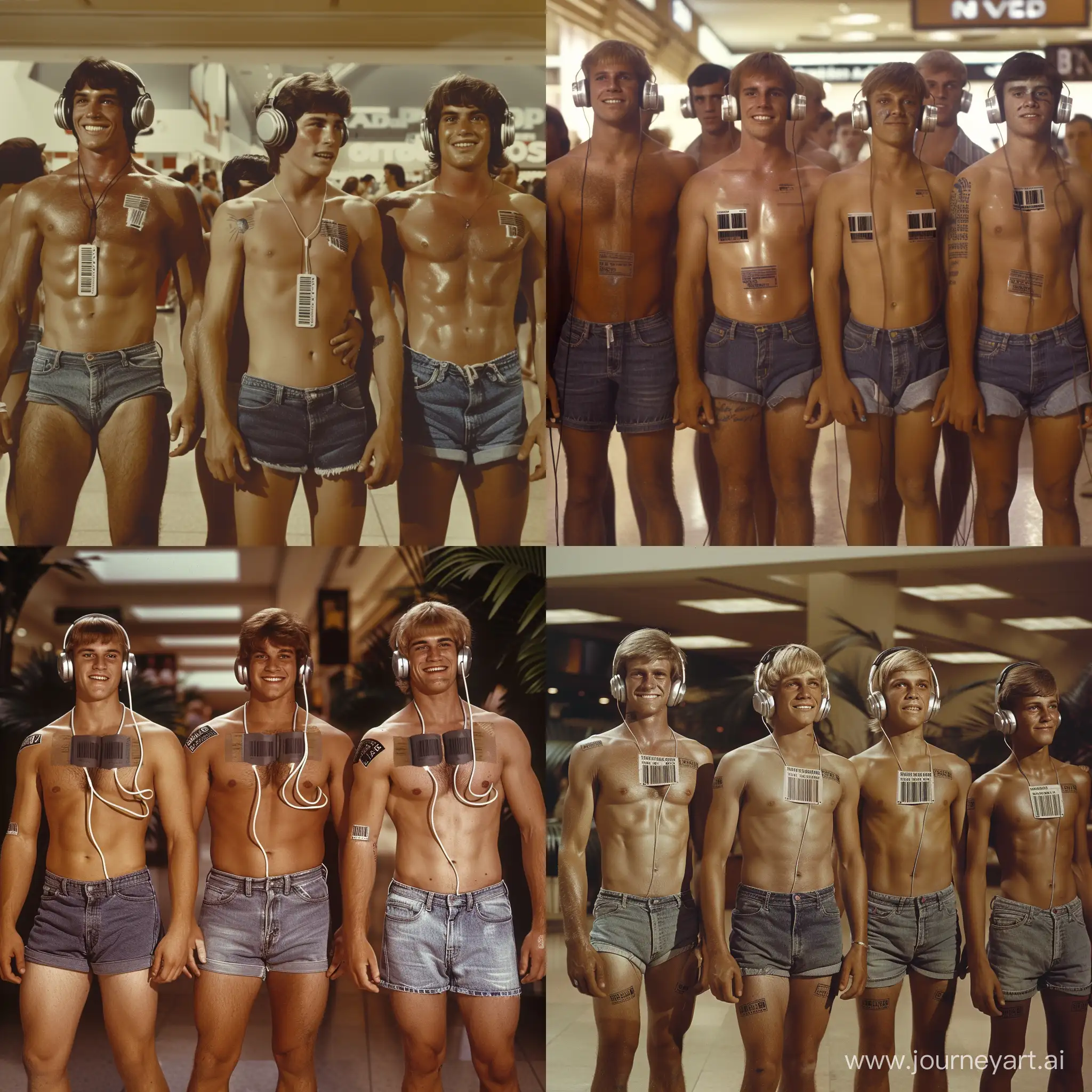 Handsome muscular middle-aged men and handsome muscular college-age boys each wear silver headphones and fitted denim cutoff shorts, dazed smiles, small barcode tattooed on each man's chest, 1970s shopping mall setting, facing the viewer, mass indoctrination, color image, hyperrealistic, cinematic